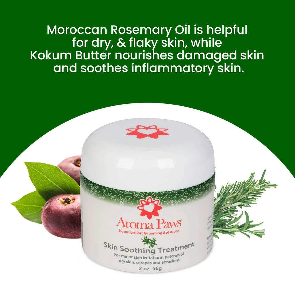 Aroma Paws 2 oz skin soothing pet coat conditioner with rosemary and kokum butter, applied to a pet's coat for soothing care.