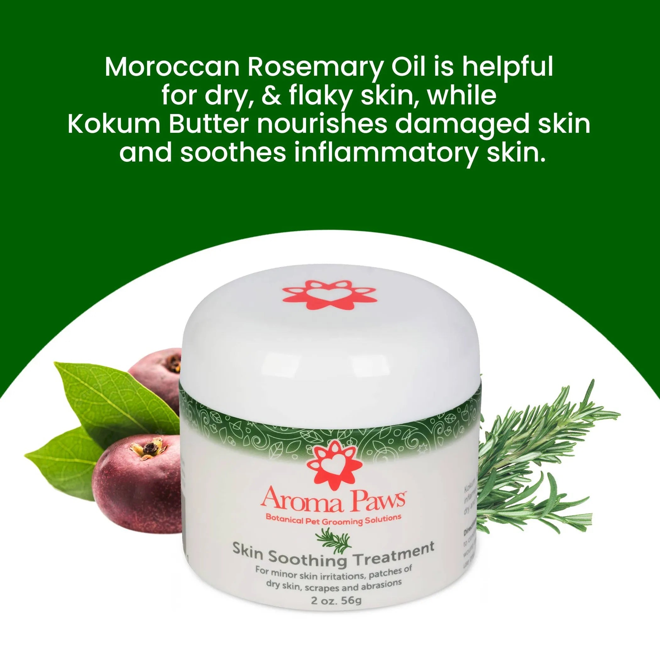 Aroma Paws 2 oz skin soothing pet coat conditioner with rosemary and kokum butter, applied to a pet's coat for soothing care.