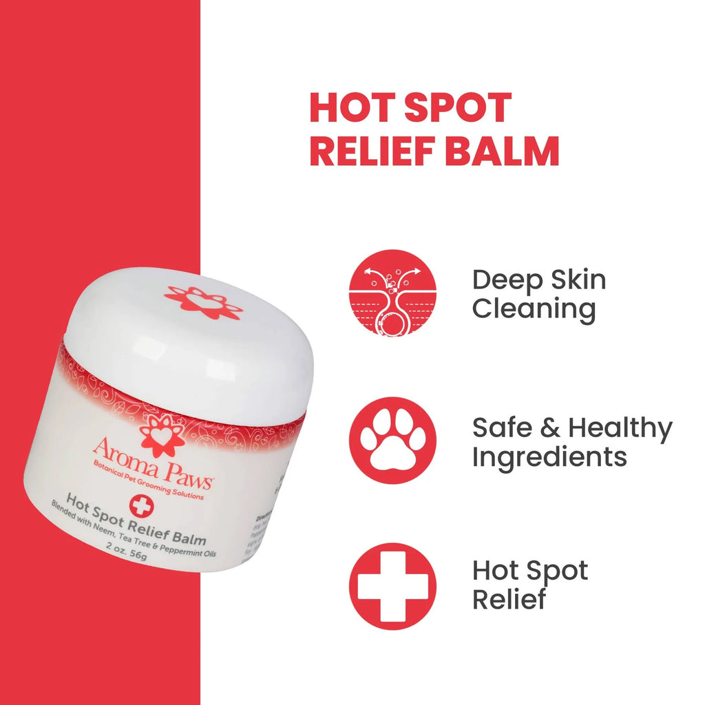 Aroma Paws 2 oz Hot Spot Relief Balm with neem and tea tree for dog skin care, showing the balm jar and natural ingredients.