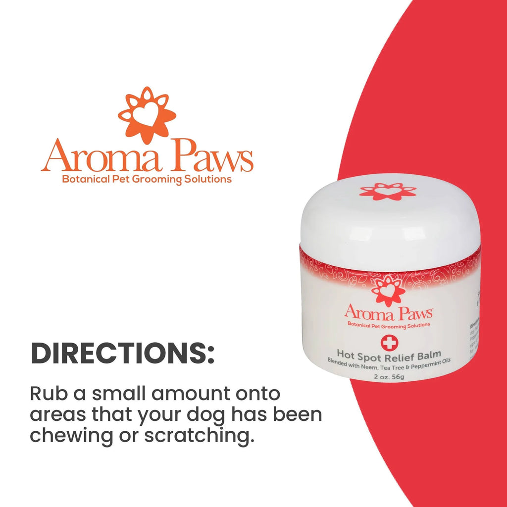 Aroma Paws 2 oz Hot Spot Relief Balm with neem and tea tree for dog skin care, shown in a small jar with natural ingredients.