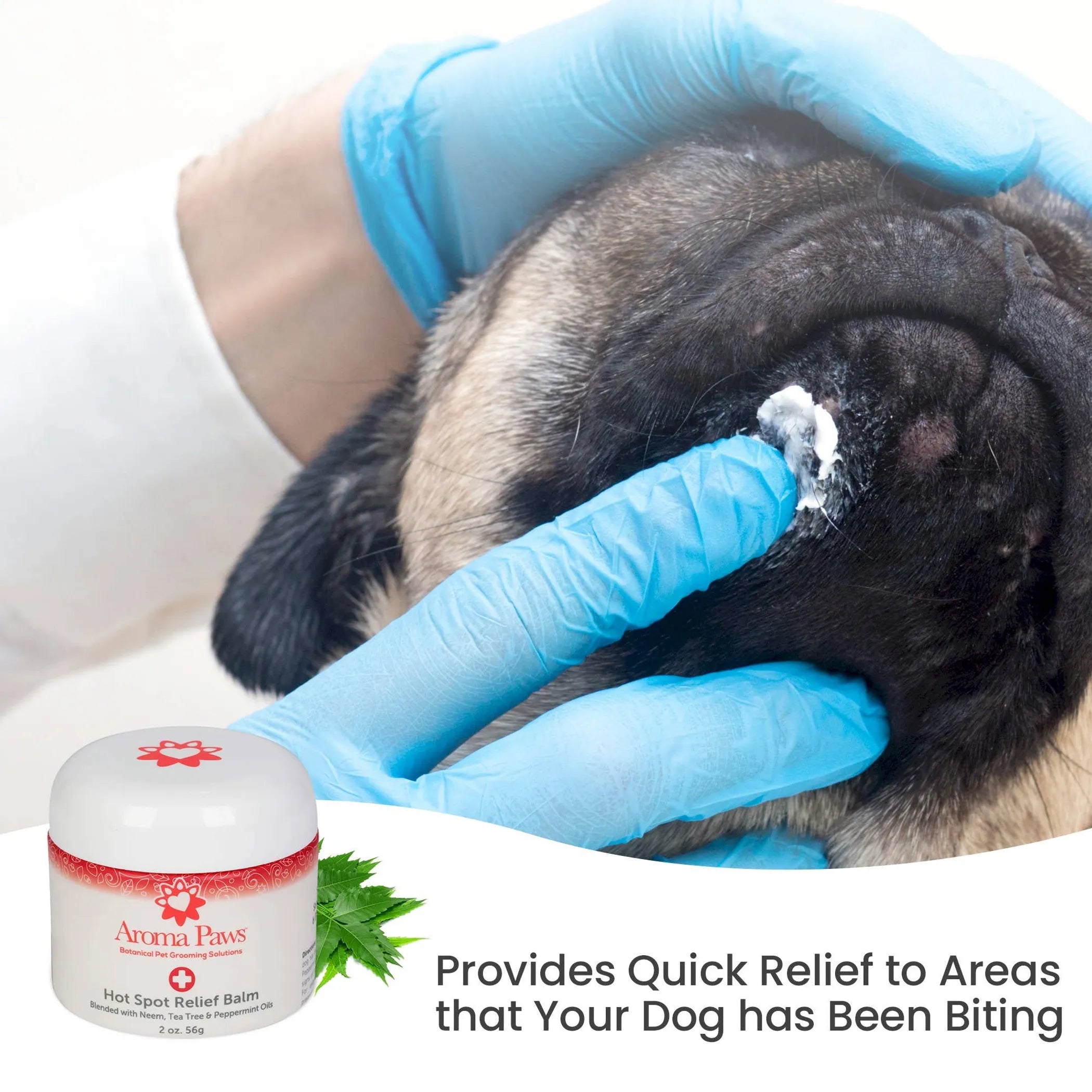 Aroma Paws 2 oz Hot Spot Relief Balm with neem and tea tree for dog skin care, showing the balm jar with label and natural ingredients.