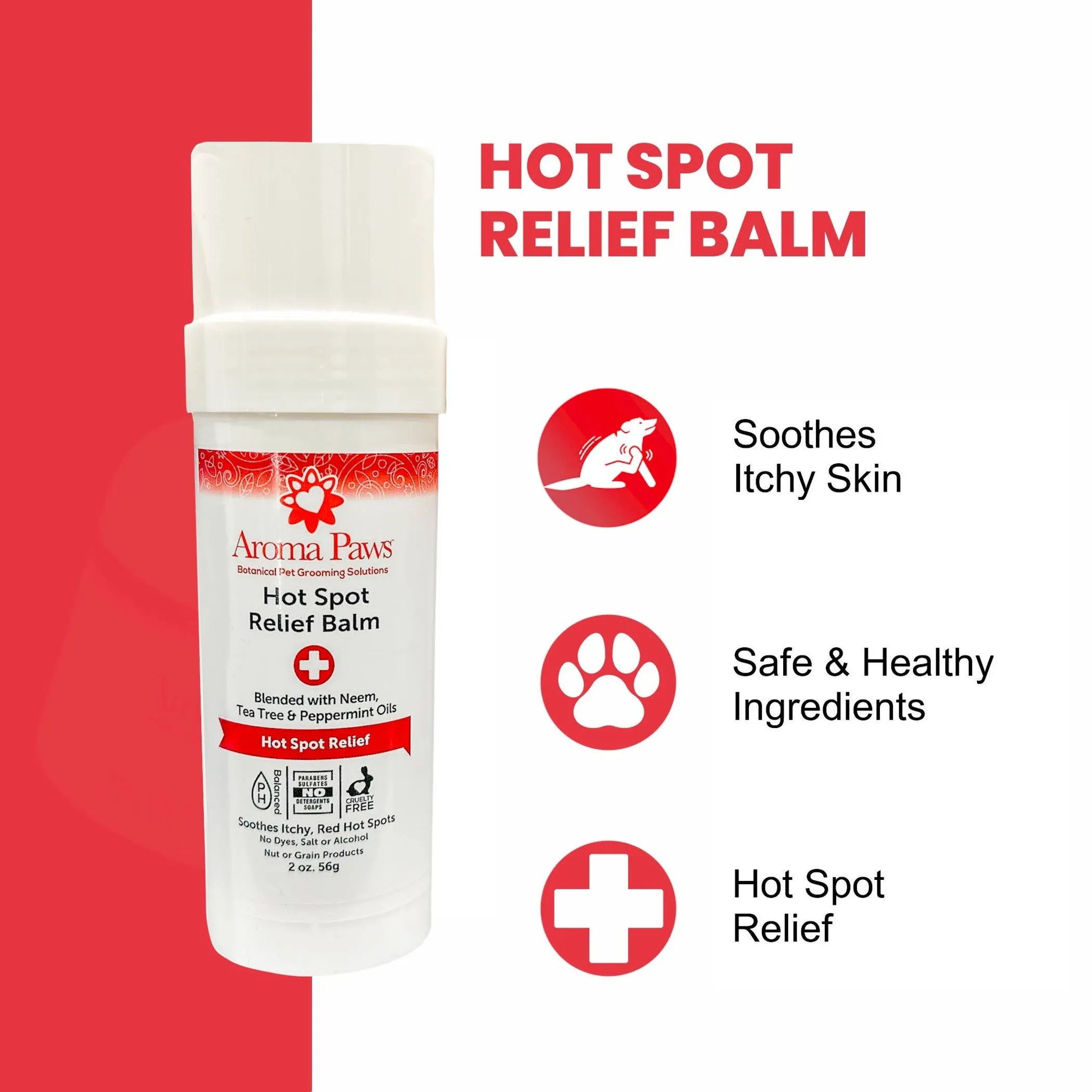 Aroma Paws 2 oz. Hot Spot Relief Pet Balm in a roll-on applicator with neem and tea tree for soothing pet skin irritation.