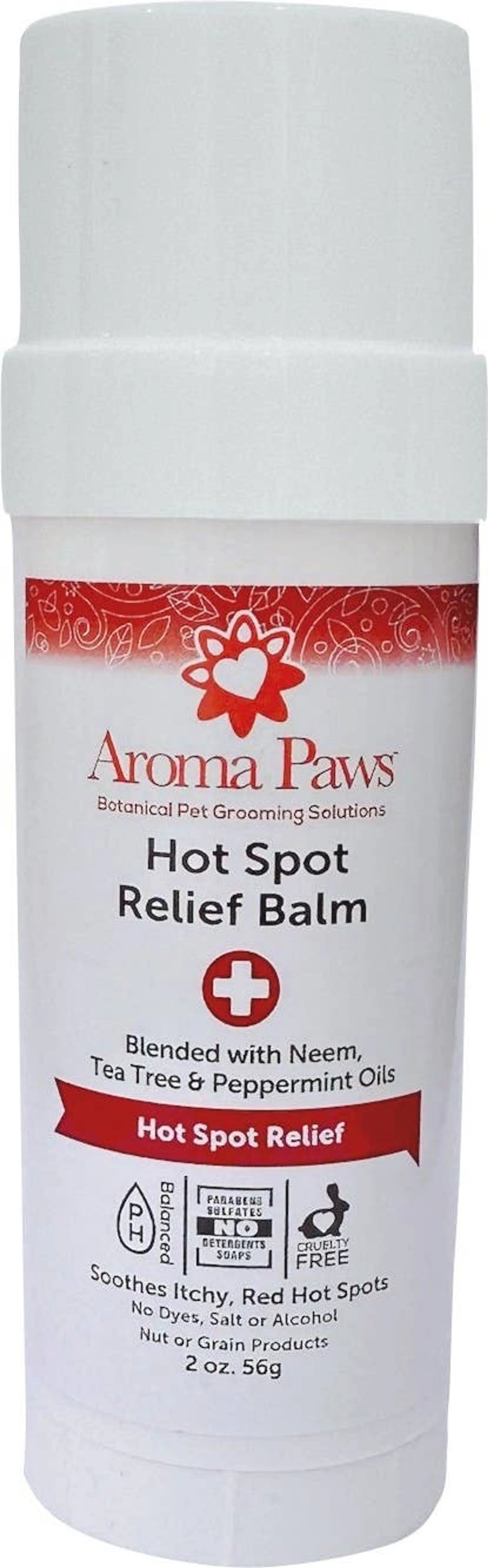 Aroma Paws 2 oz. Hot Spot Relief Balm roll-on with neem and tea tree for pets, showing the applicator and balm in a sleek container.