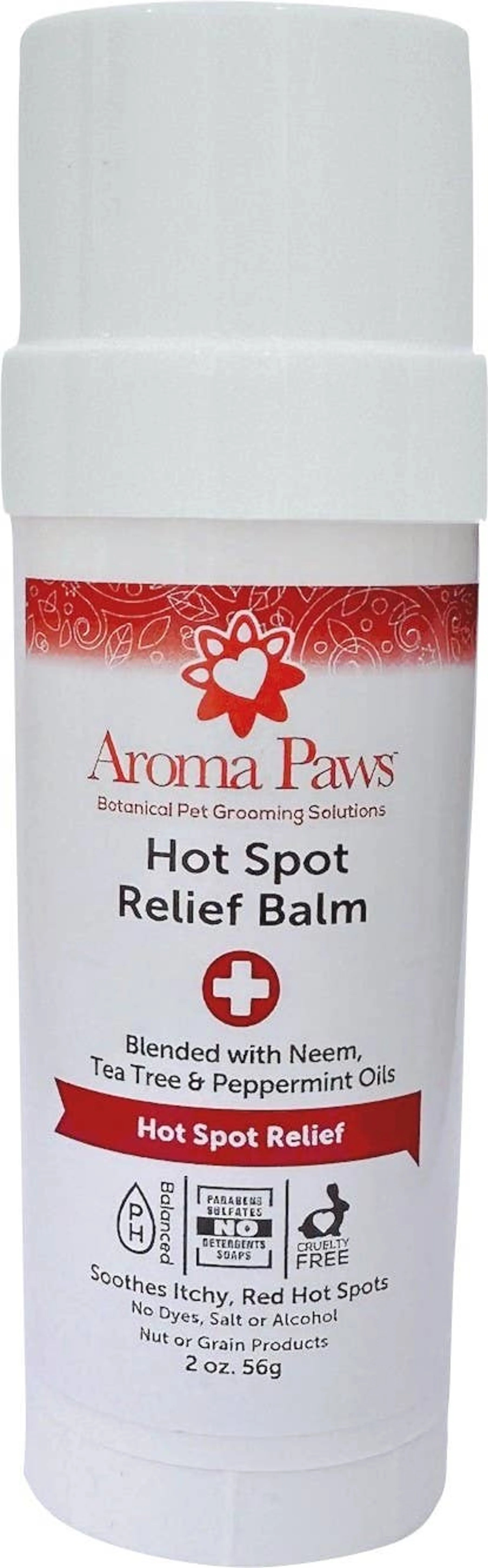 Aroma Paws 2 oz. Hot Spot Relief Balm roll-on with neem and tea tree for pets, showing the applicator and balm in a sleek container.