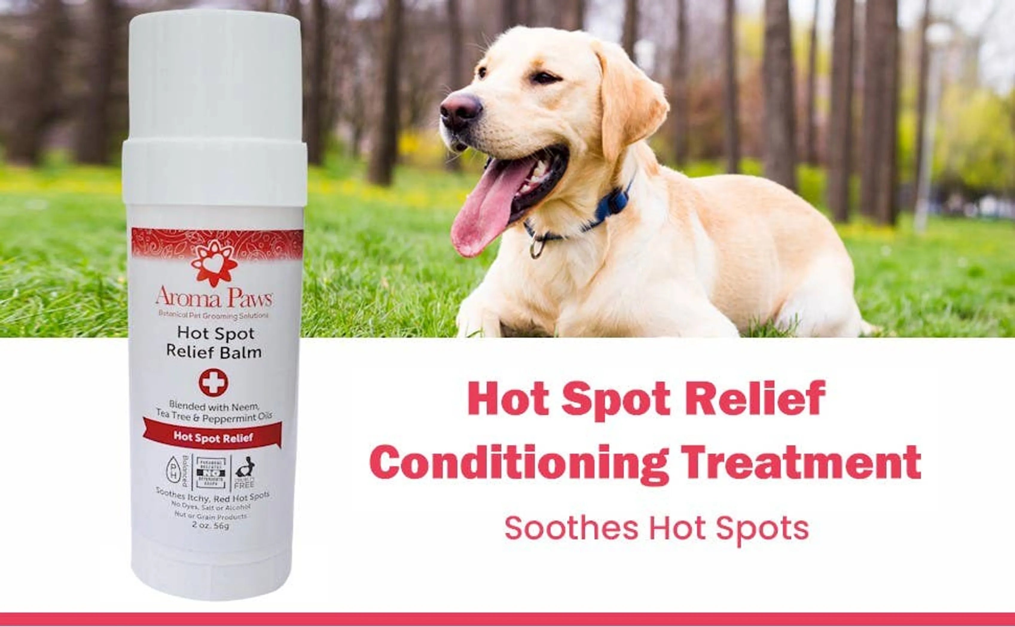 Aroma Paws 2 oz. Hot Spot Relief Pet Balm in a roll-on applicator with neem and tea tree for soothing pet skin irritations.