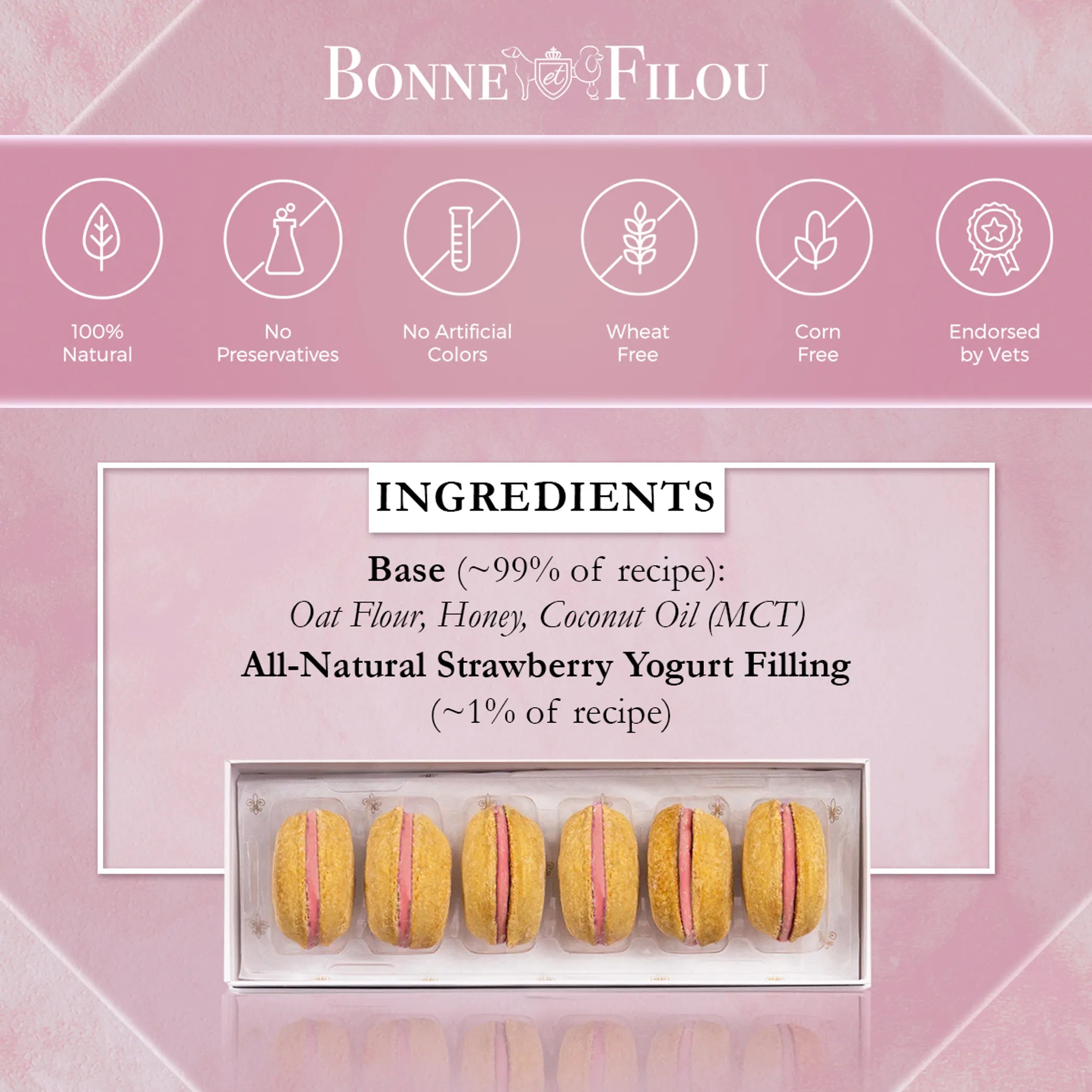 Bonne et Filou Dog Macarons box with six gourmet dog treats, featuring colorful, dog-friendly macarons in a decorative packaging.