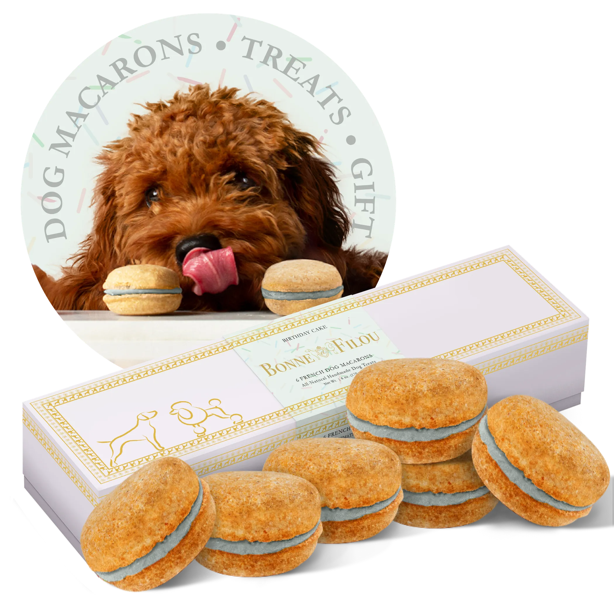 Box of 6 Bonne et Filou gourmet dog treats shaped like macarons in pastel colors, displayed in a white box.