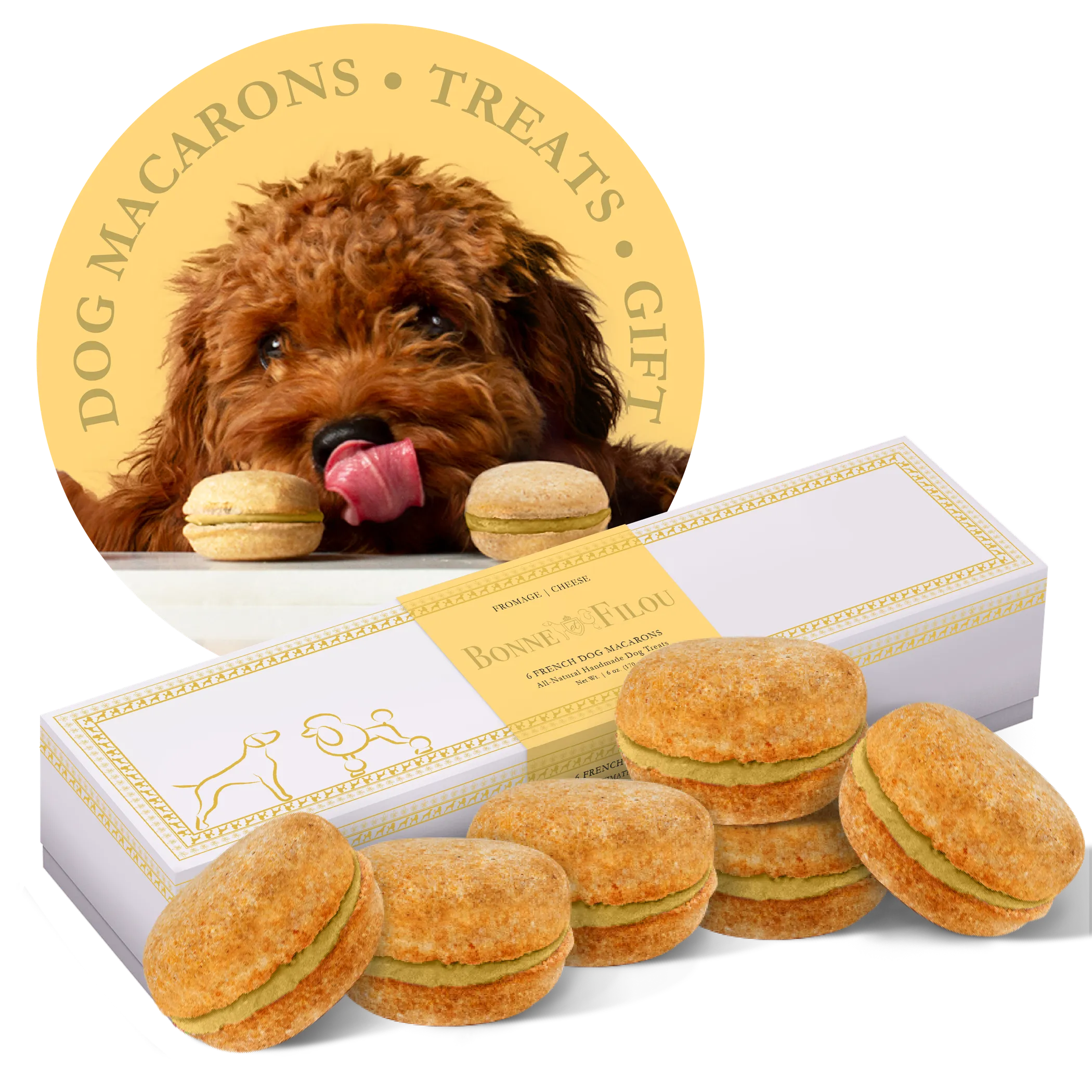 Bonnie et Filou Dog Macarons box of 6 gourmet dog treats, colorful and appealing, designed for canine indulgence.