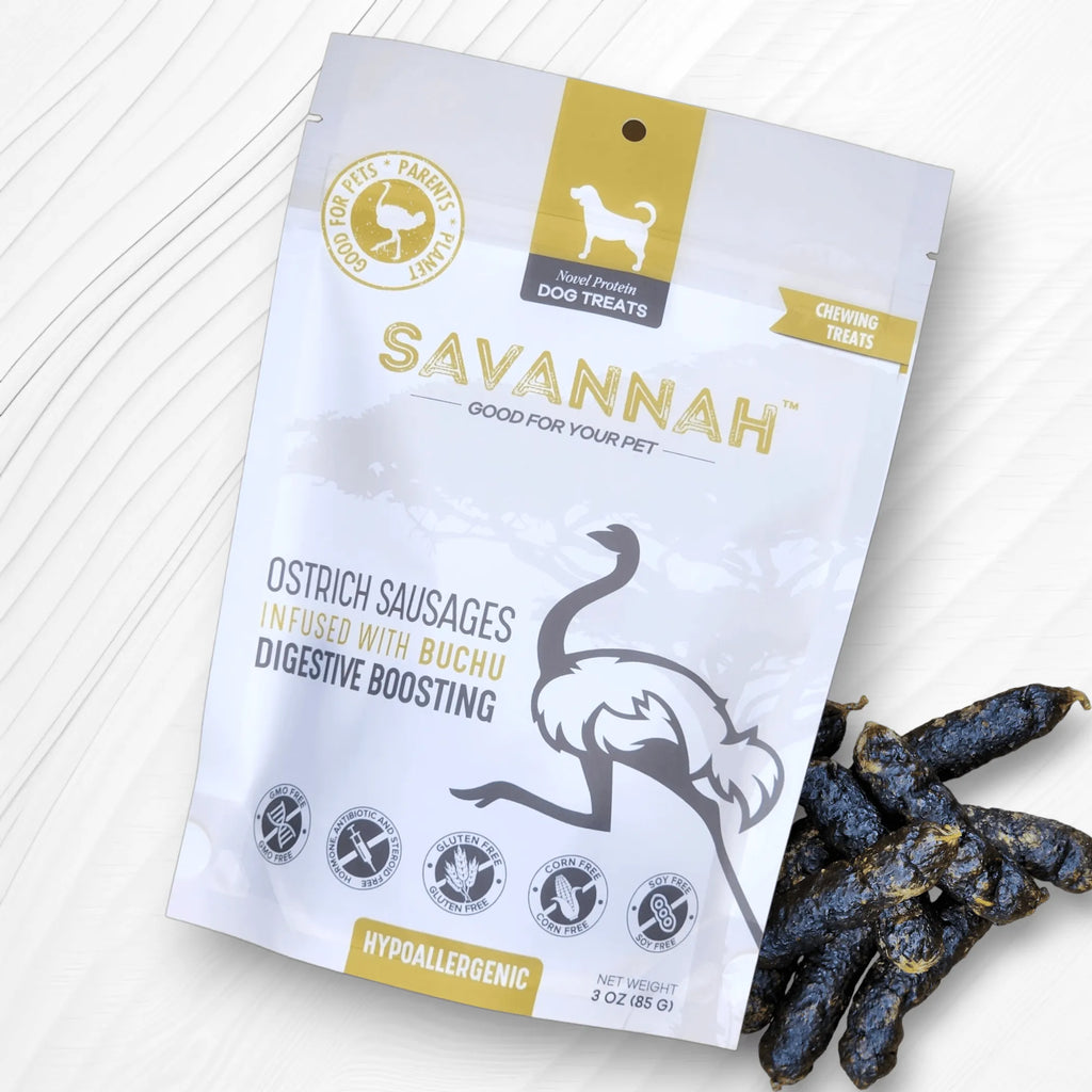 Savannah Pet Food ostrich sausages with buchu dog treats, showcasing the tasty, digestive-boosting treats for dogs.