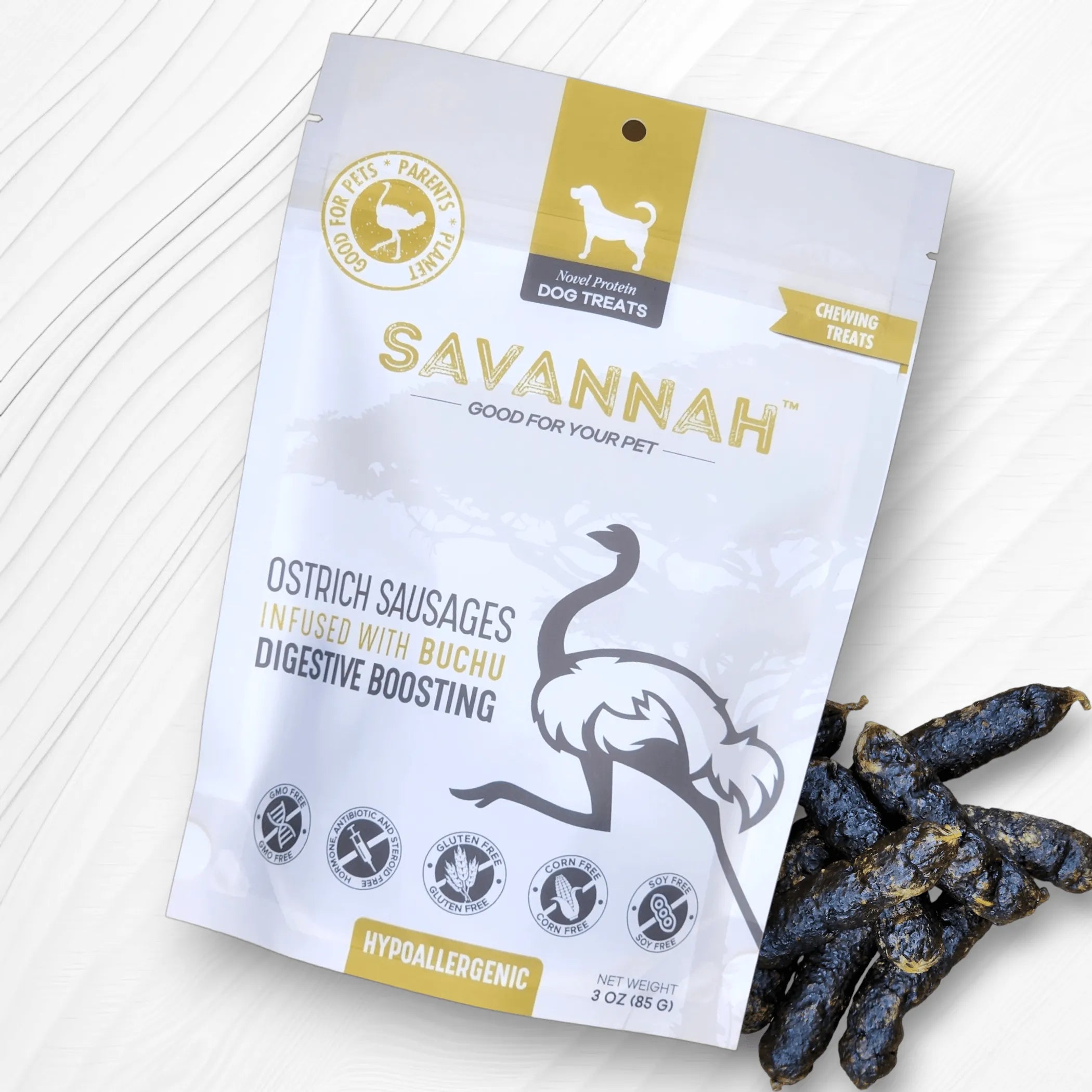 Savannah Pet Food ostrich sausages with buchu dog treats, showcasing the tasty, digestive-boosting treats for dogs.