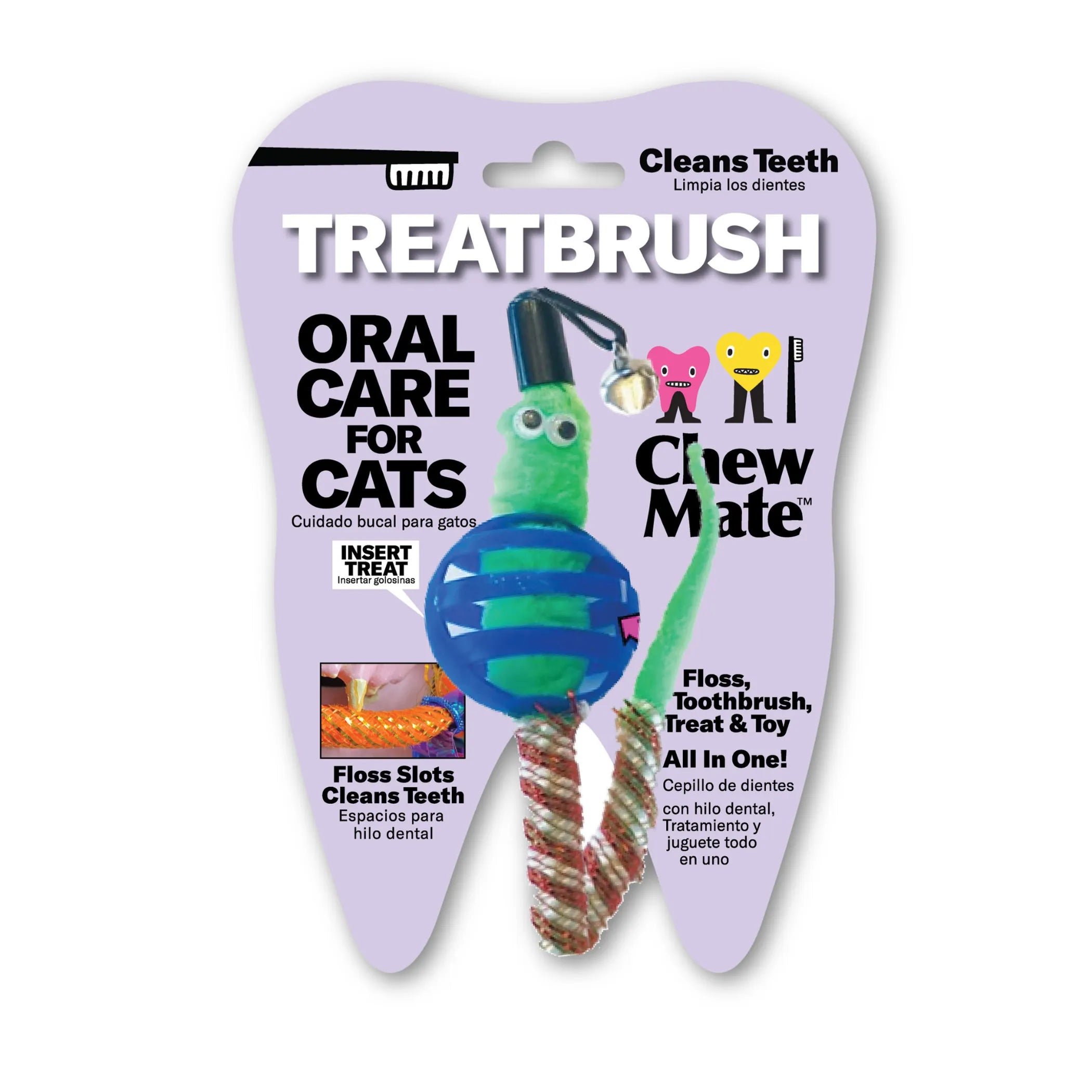 Chewmate Oral Care Floss & Treat Toothbrush Toy for dental health in pets, featuring a colorful design and textured brushing surface.