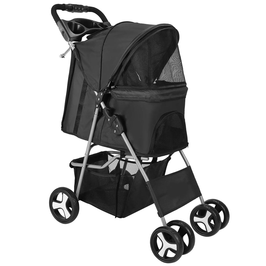 Black foldable 4-wheel pet stroller by Linx Group, designed for dogs and cats, perfect for travel and outdoor walks.