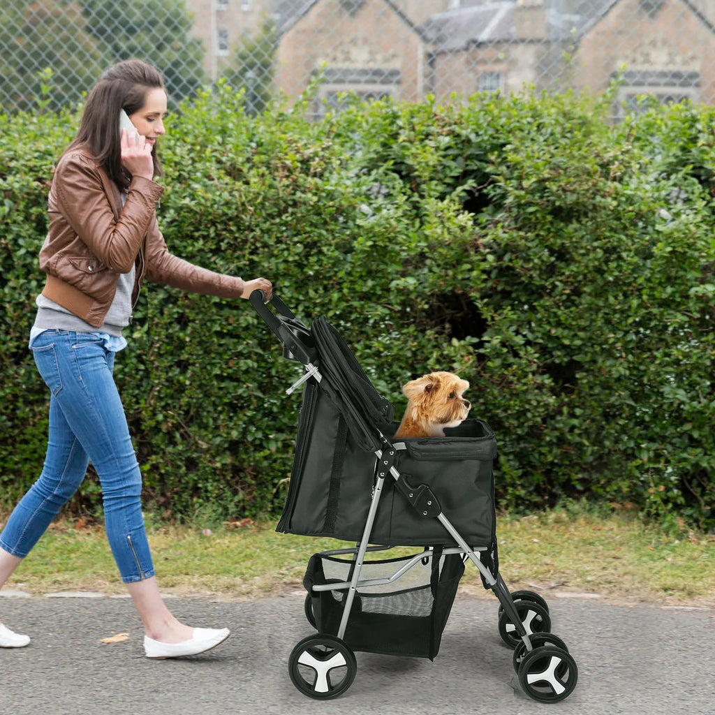 Black foldable 4-wheel pet stroller for dogs and cats, designed for travel and jogger use by Linx Group.