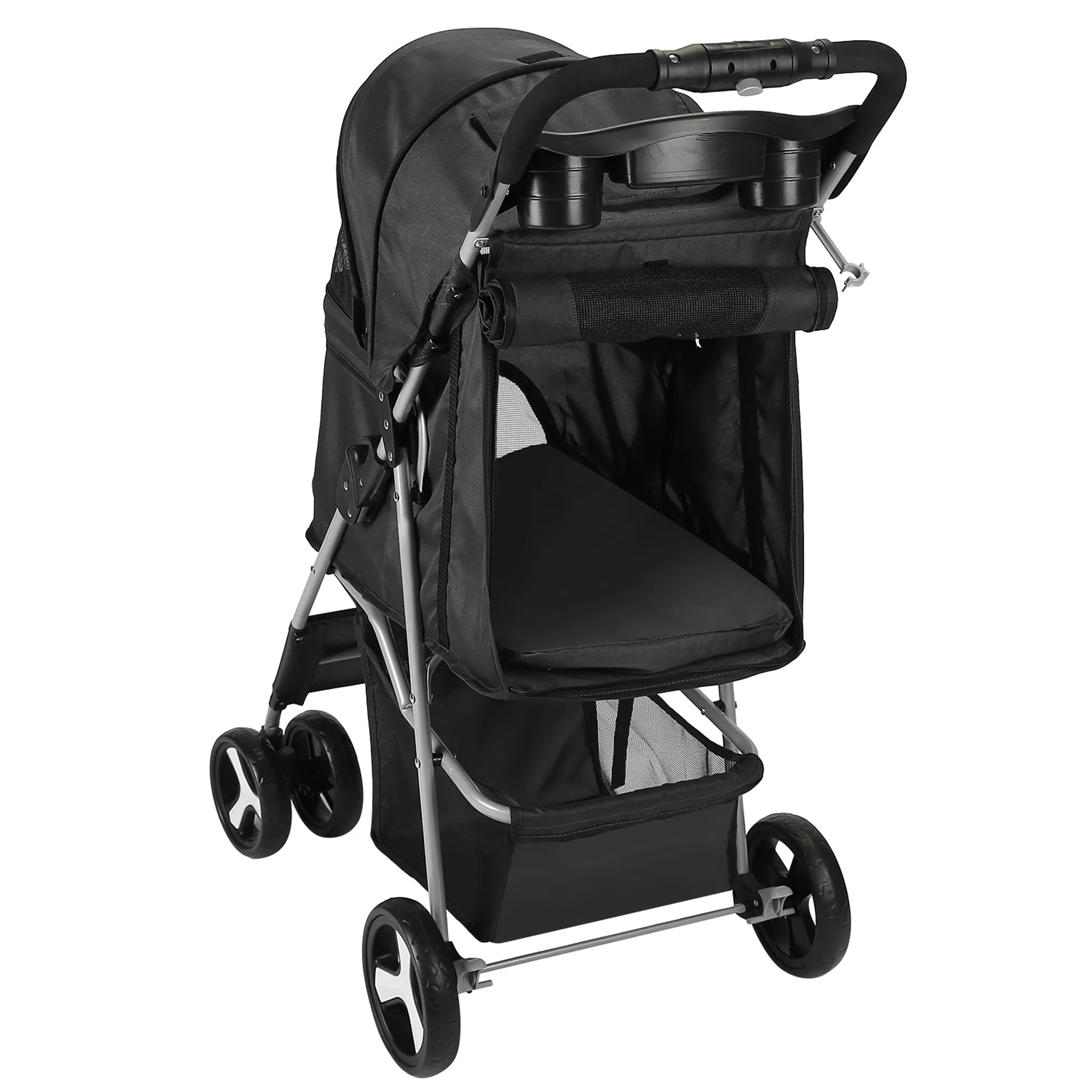 Black 4-wheel foldable pet stroller for dogs and cats, lightweight travel jogger cart by Linx Group.