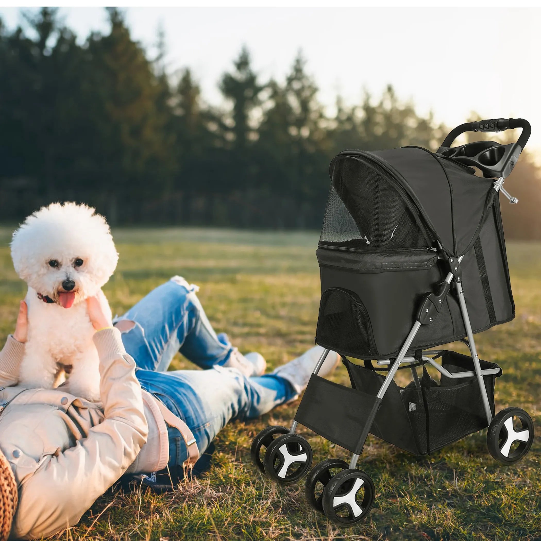 Black 4-wheel foldable pet stroller by Linx Group, designed for dogs and cats, suitable for travel and jogging.