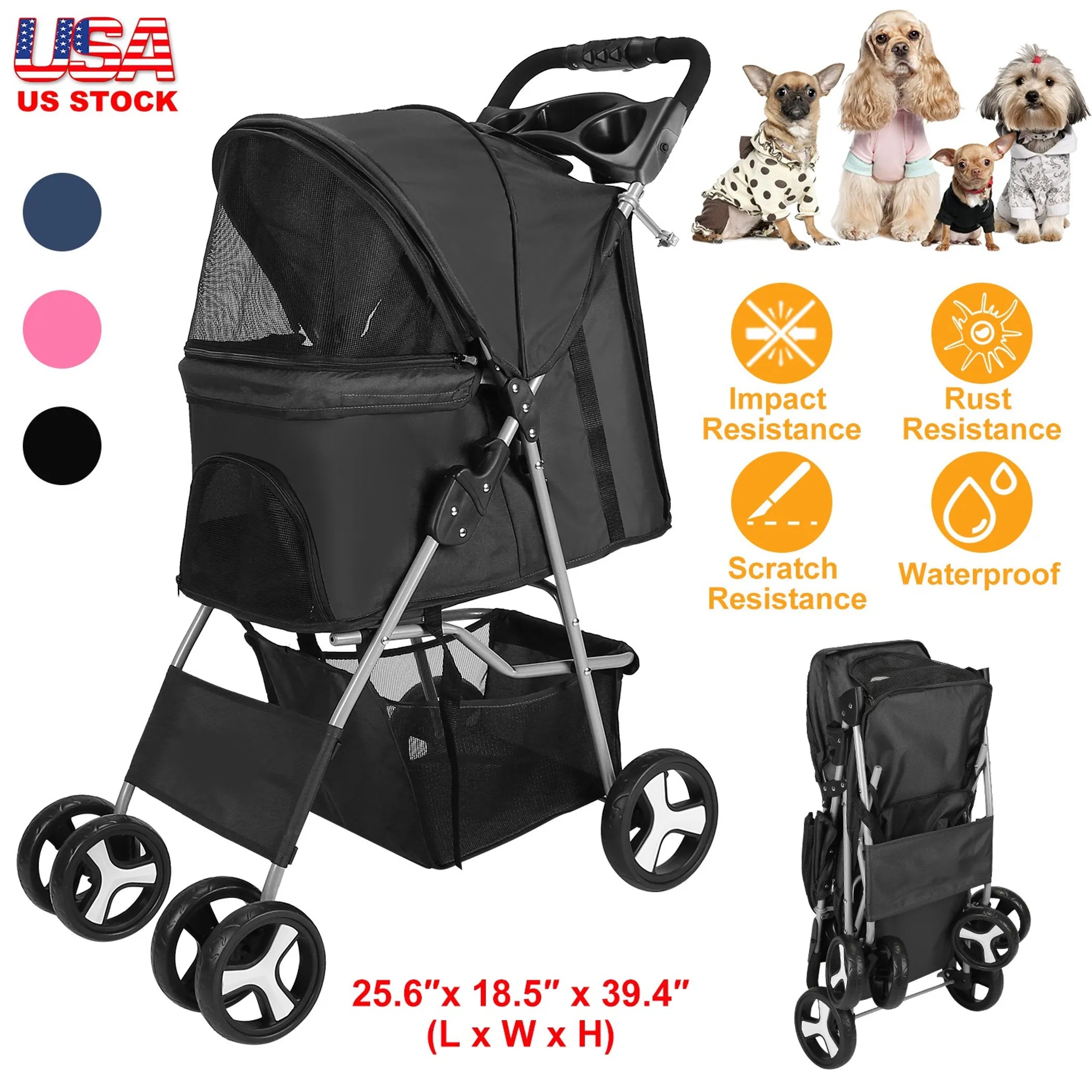 Black 4-wheel foldable pet stroller by Linx Group, designed for dogs and cats, perfect for travel and outdoor walks.