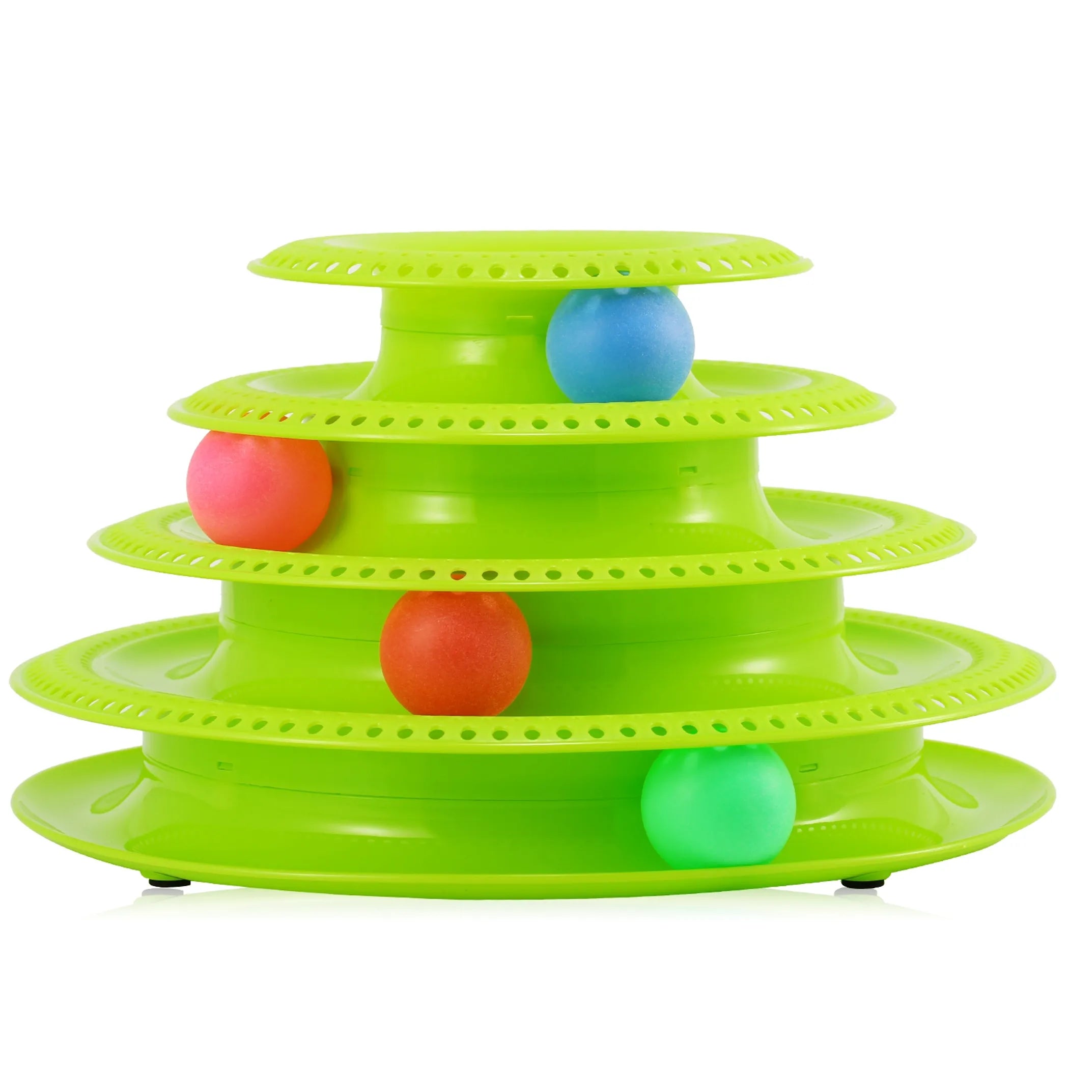 Linx Group 4-layer cat tower toy with interactive ball tracks and green plush surfaces for engaging feline play.