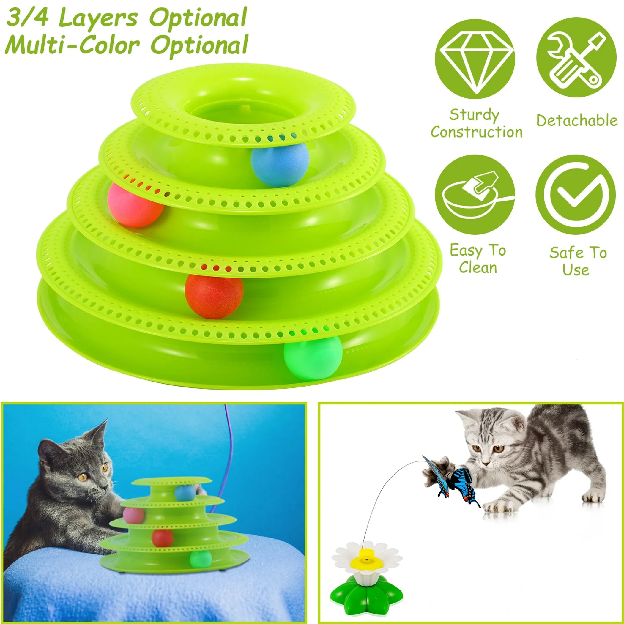 Four-layer green cat toy tower with interactive ball tracks and a playful design by Linx Group for feline entertainment.