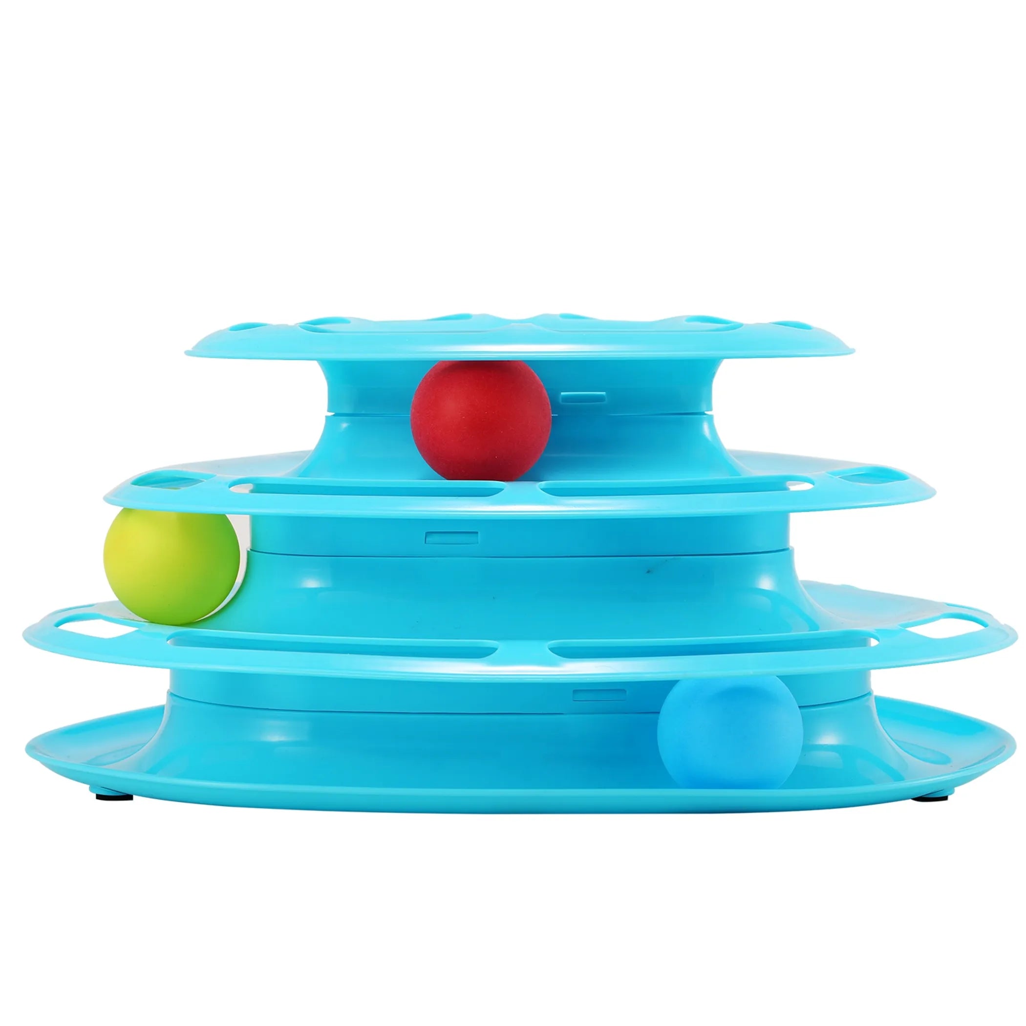 Linx Group 4-layer interactive cat track tower toy with rolling balls, blue triangle design, for stimulating feline play and activity.