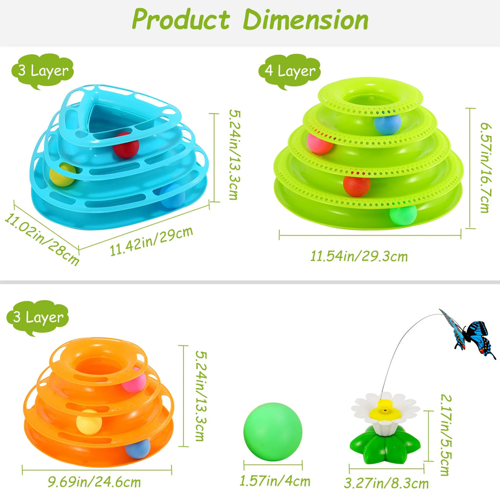 Blue 4-layer interactive cat track tower toy with rolling balls from Linx Group, designed for engaging feline play.