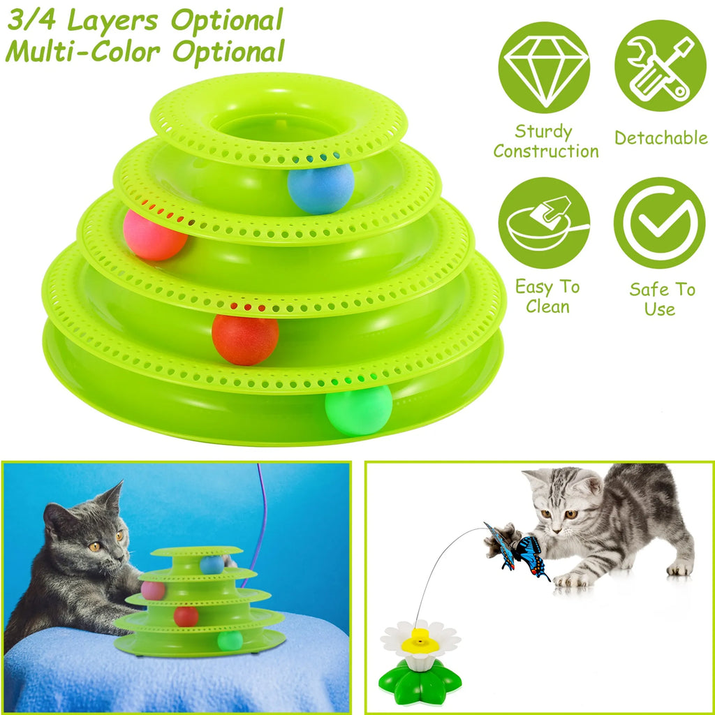 Blue 4-layer interactive cat track tower toy with rolling balls by Linx Group, designed for feline play and entertainment.