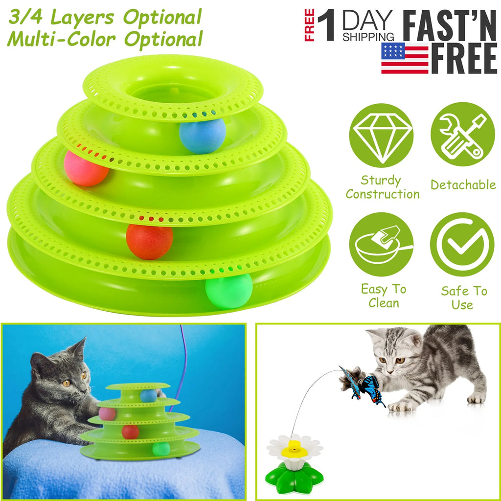 Blue 4-layer interactive cat track tower toy with rolling balls by Linx Group, designed for feline play and entertainment.