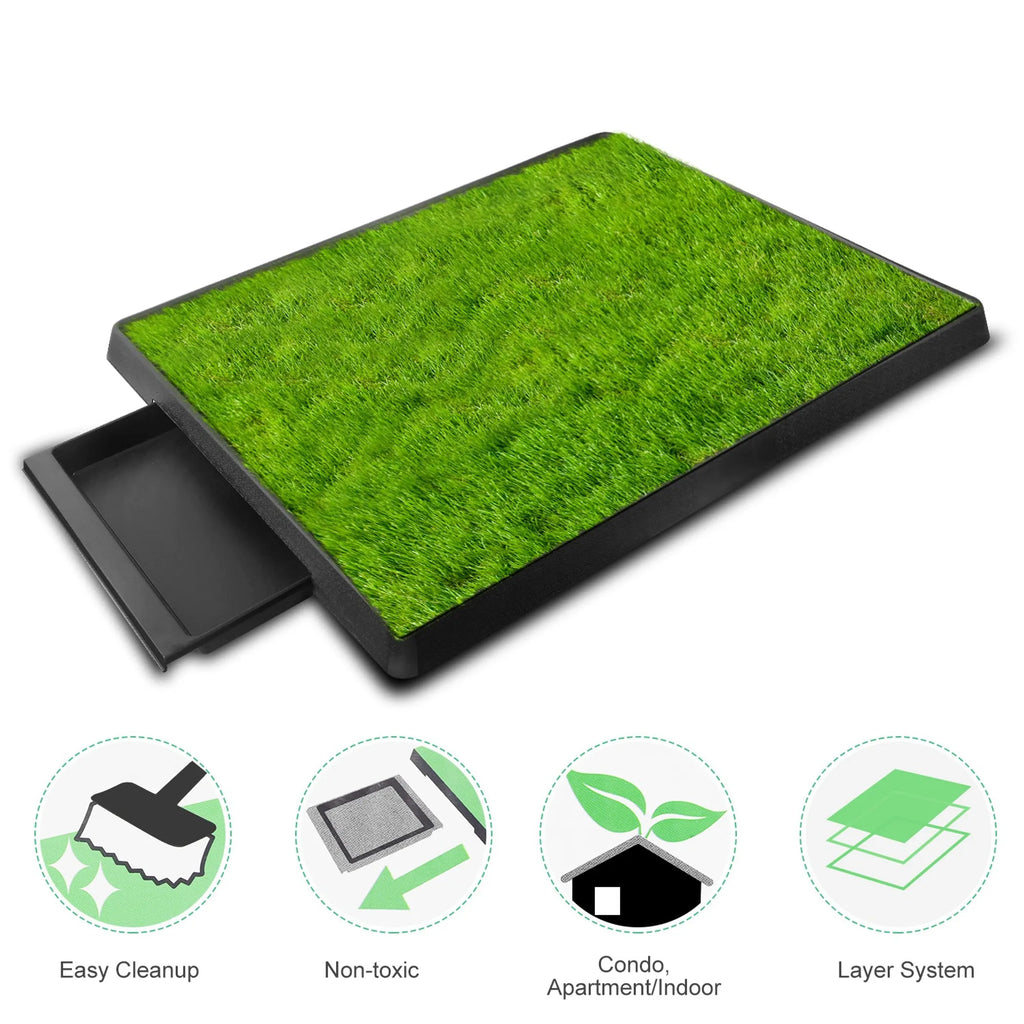 Artificial grass dog potty training pad for dogs and cats, in a plastic litter box, designed for easy indoor use and odor control.