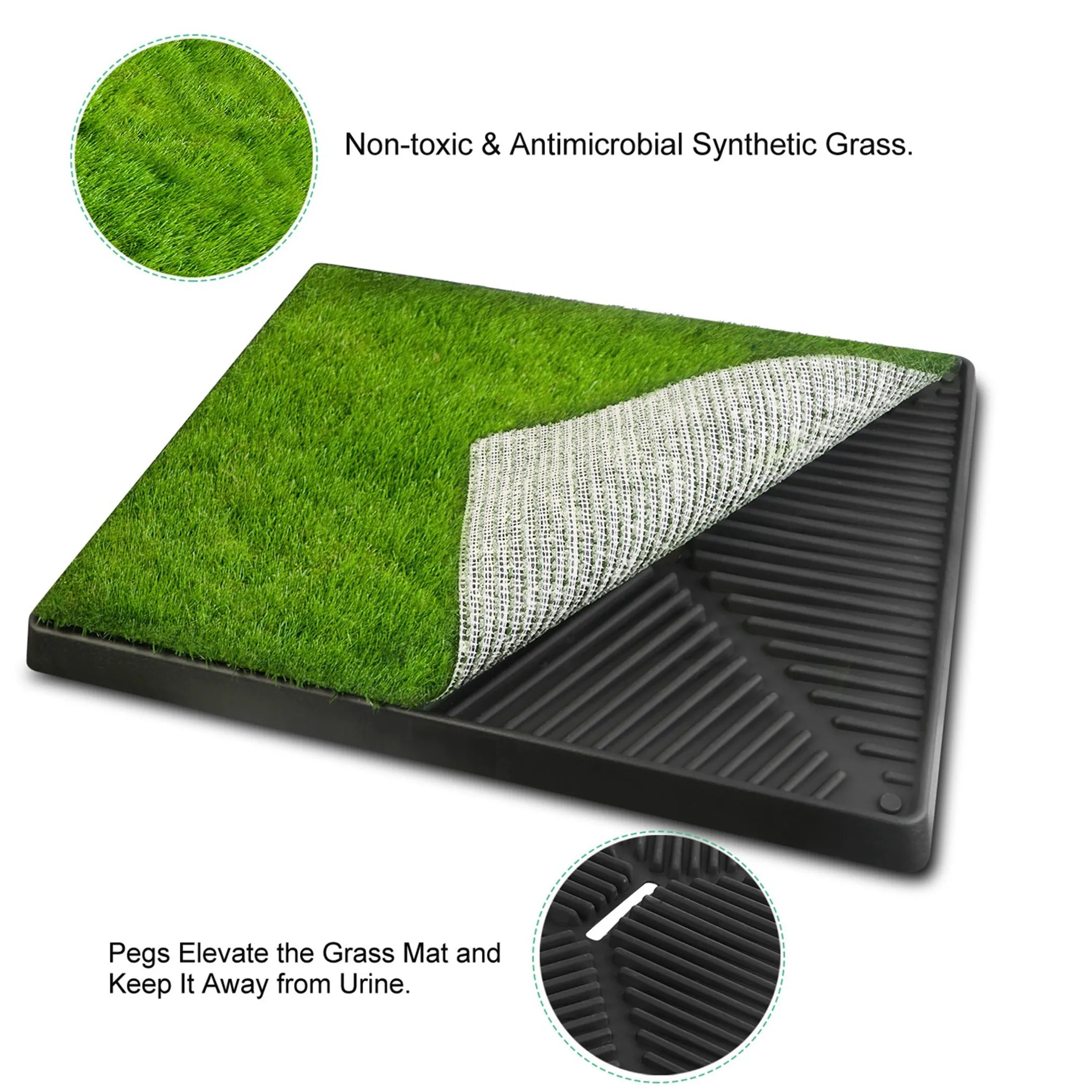 Artificial grass dog potty training pad for cats and dogs, with a plastic tray, designed by Linx Group for easy indoor use.