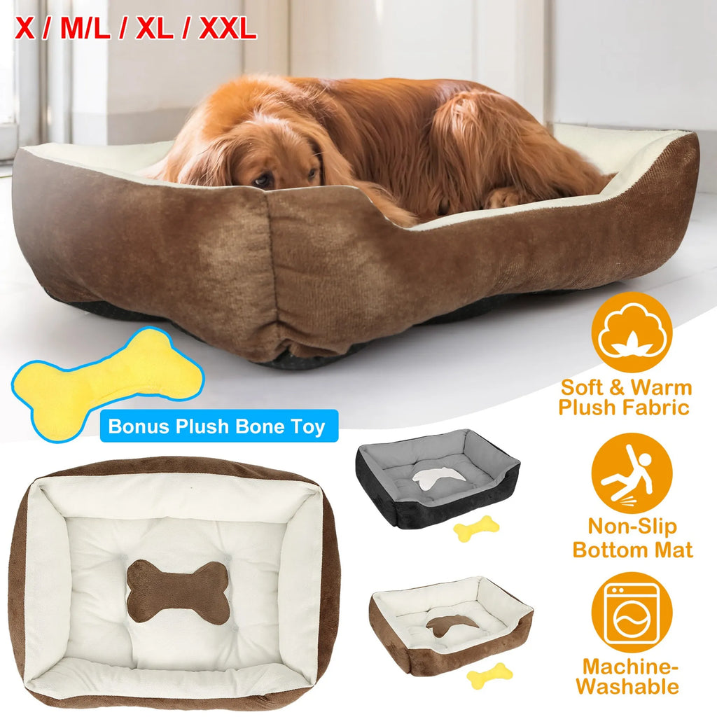 Large soft warm dog bed by Linx Group in brown, plush fabric with cushioned sides for comfort.