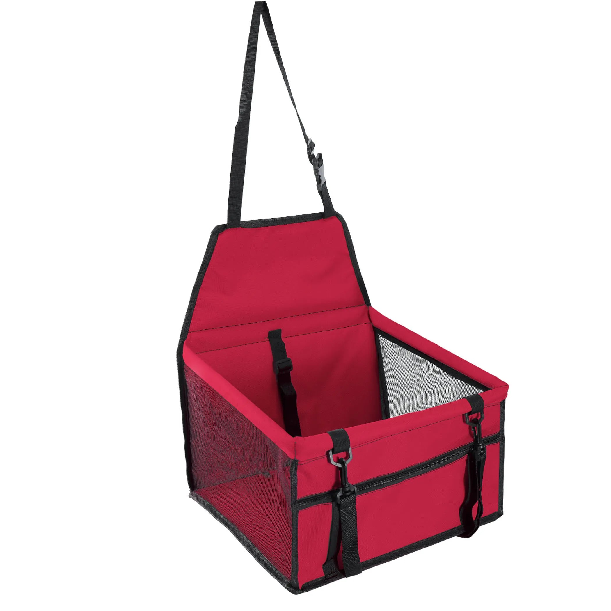 Red Linx Group foldable dog booster car seat for safe pet travel, featuring a cushioned interior and adjustable straps.