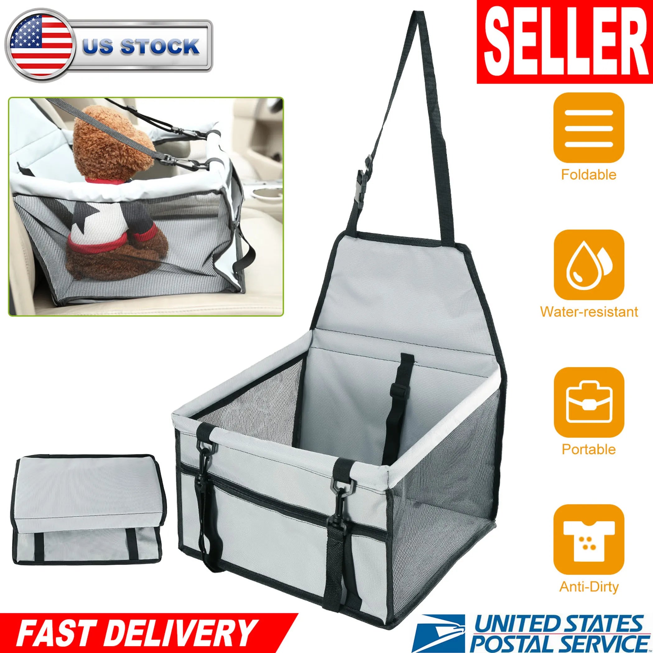 Red foldable Linx Group dog booster car seat for safe pet travel, with secure harness and comfortable padding.