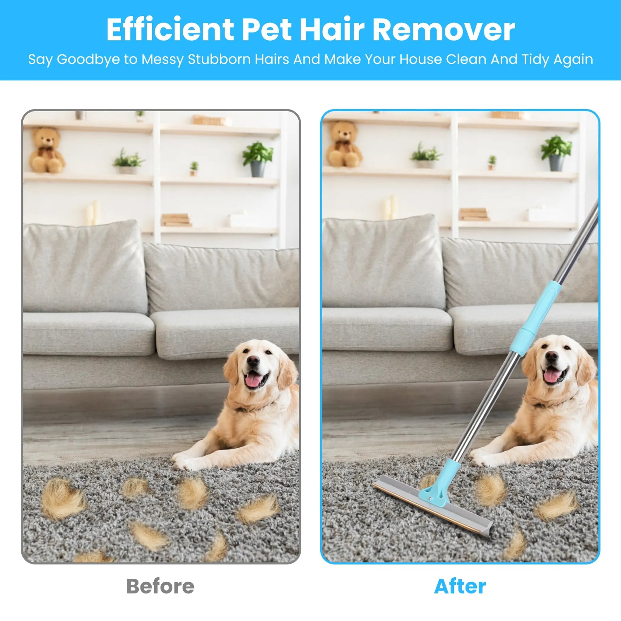 Blue pet hair removal rake for dogs and cats, deshedding grooming tool by Linx Group, with durable plastic teeth for easy grooming.