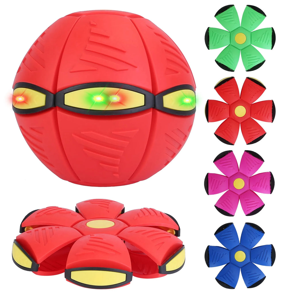 Four Linx Group flying saucer dog and cat toys, colorful electric bouncing balls for pets, ideal for active play.