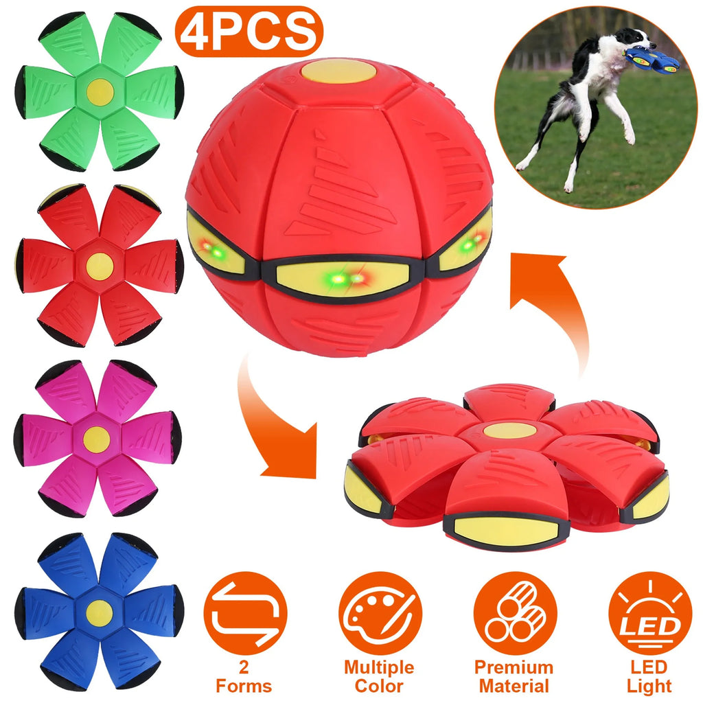 Four Linx Group flying saucer dog and cat toys, colorful electric flying ball toys for pets, in a pack.