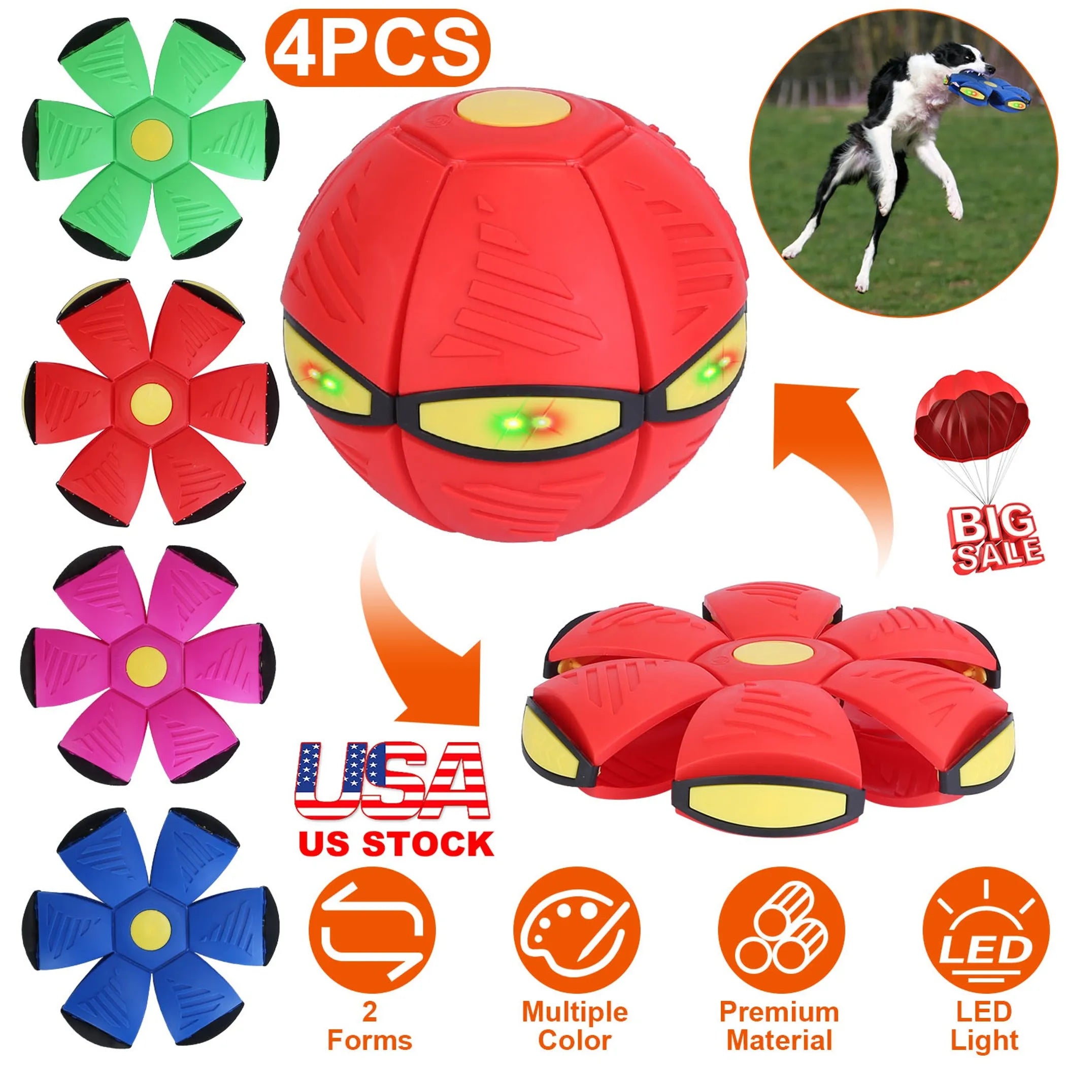 Four Linx Group flying saucer balls electric dog and cat toys, colorful, round, and designed for interactive pet play.