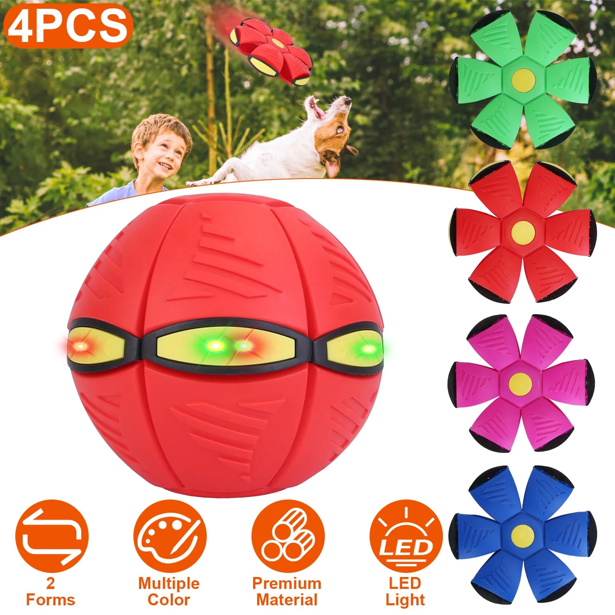 Four Linx Group flying saucer dog and cat toys, colorful electric bouncing balls for pets to chase and play.