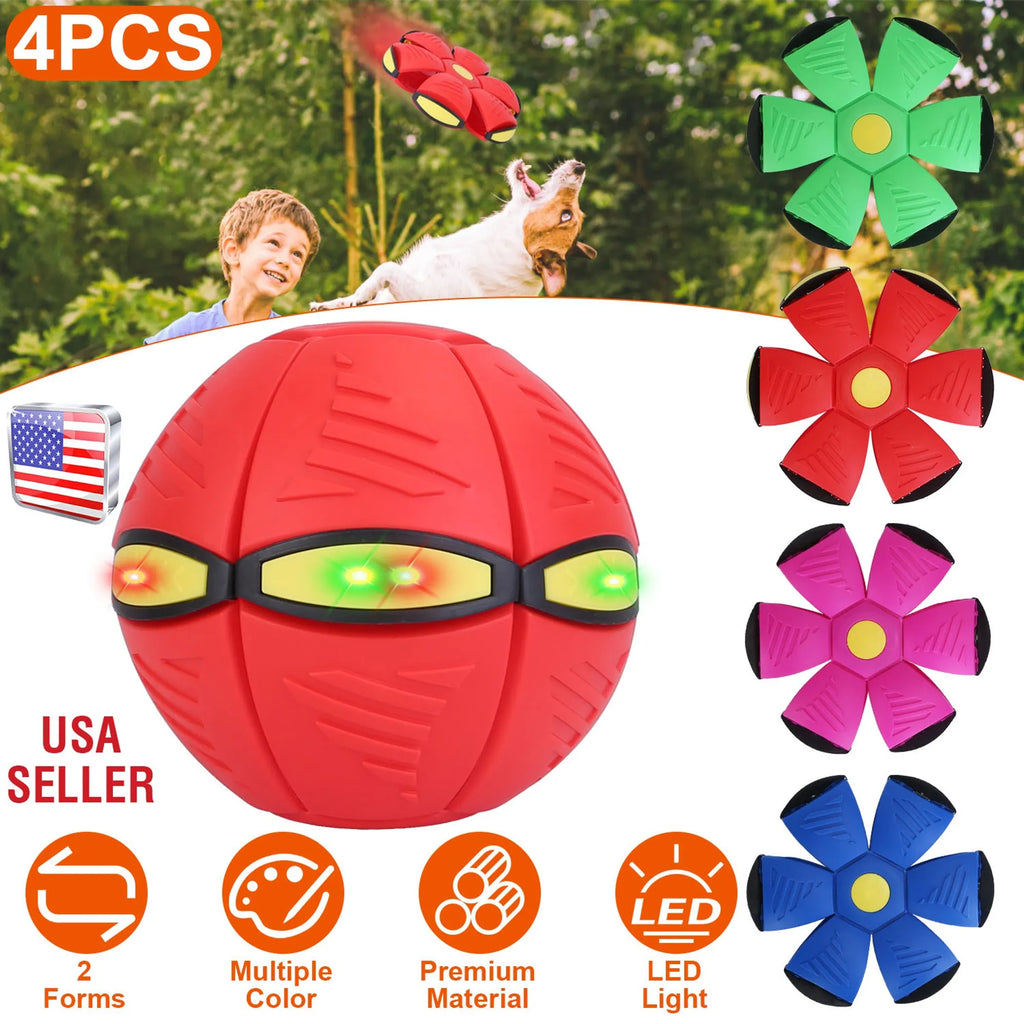 Four Linx Group flying saucer dog and cat toy balls, colorful electric pet toys for active play and entertainment.