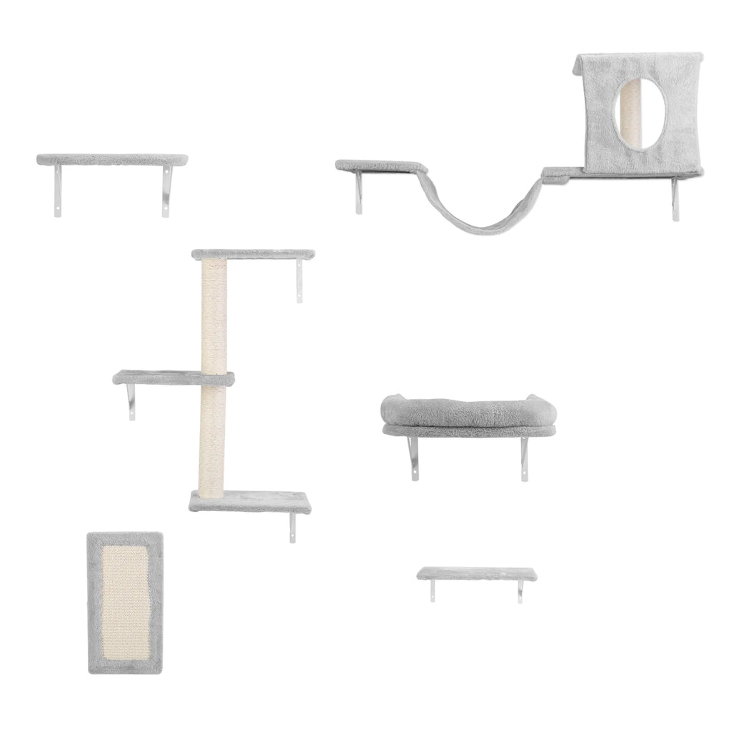 Six wooden cat wall shelves and perch furniture by Linx Group, designed for indoor cats to climb and rest comfortably.