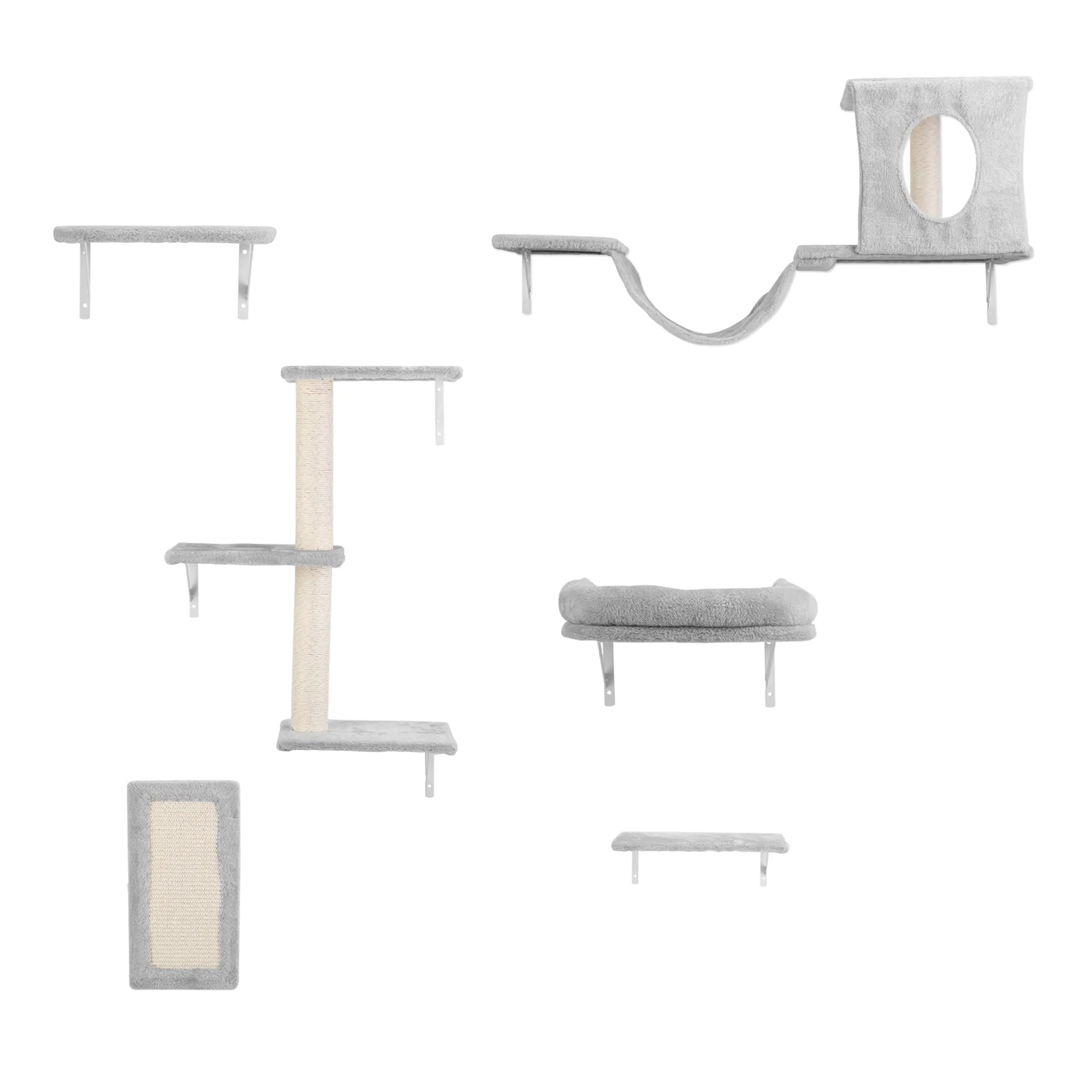 Six wooden cat wall shelves and perch furniture for indoor cats, mounted on a wall with a cozy cat resting on one shelf.