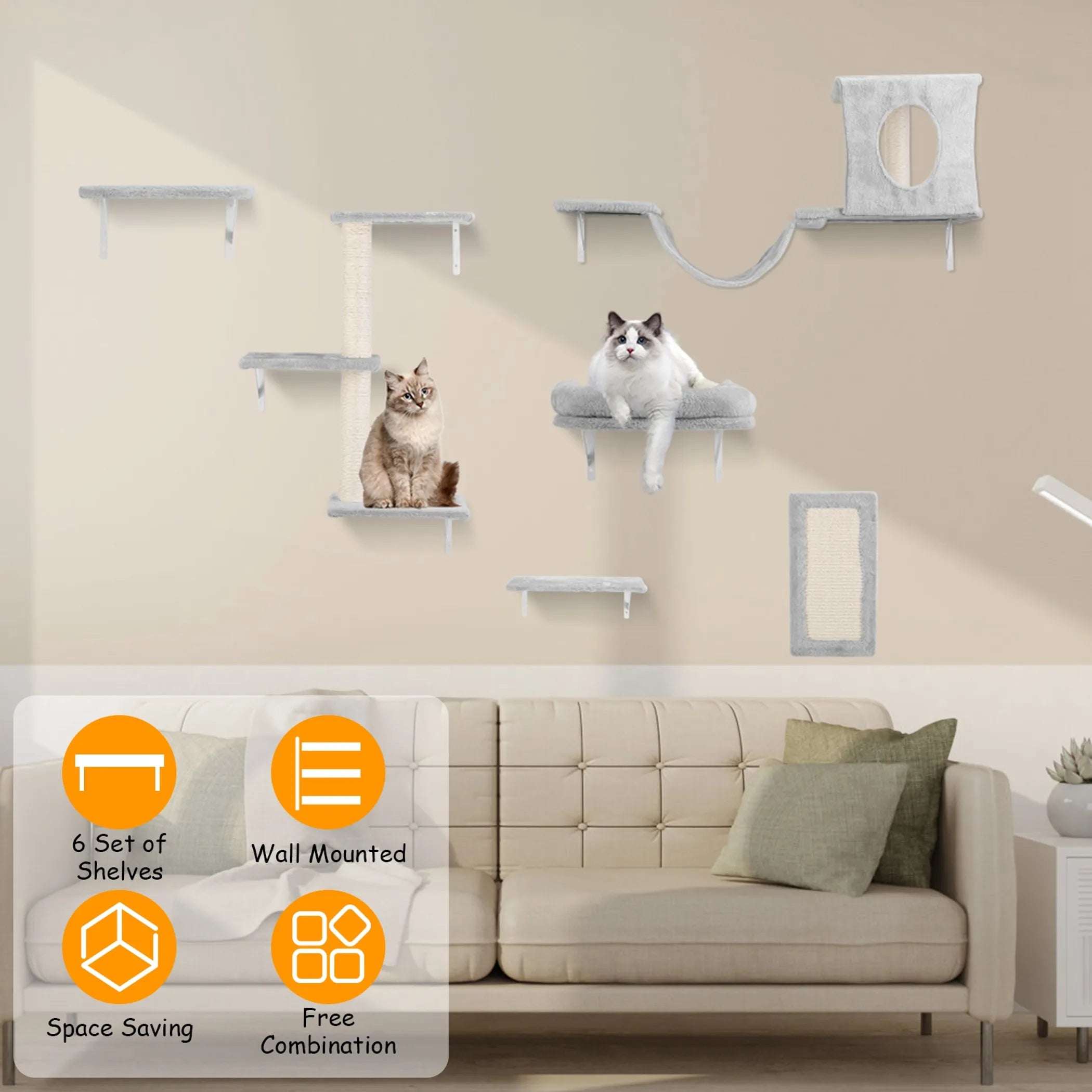 Six Linx Group cat wall shelves and perch furniture for indoor cats, mounted on a wall for climbing and resting.