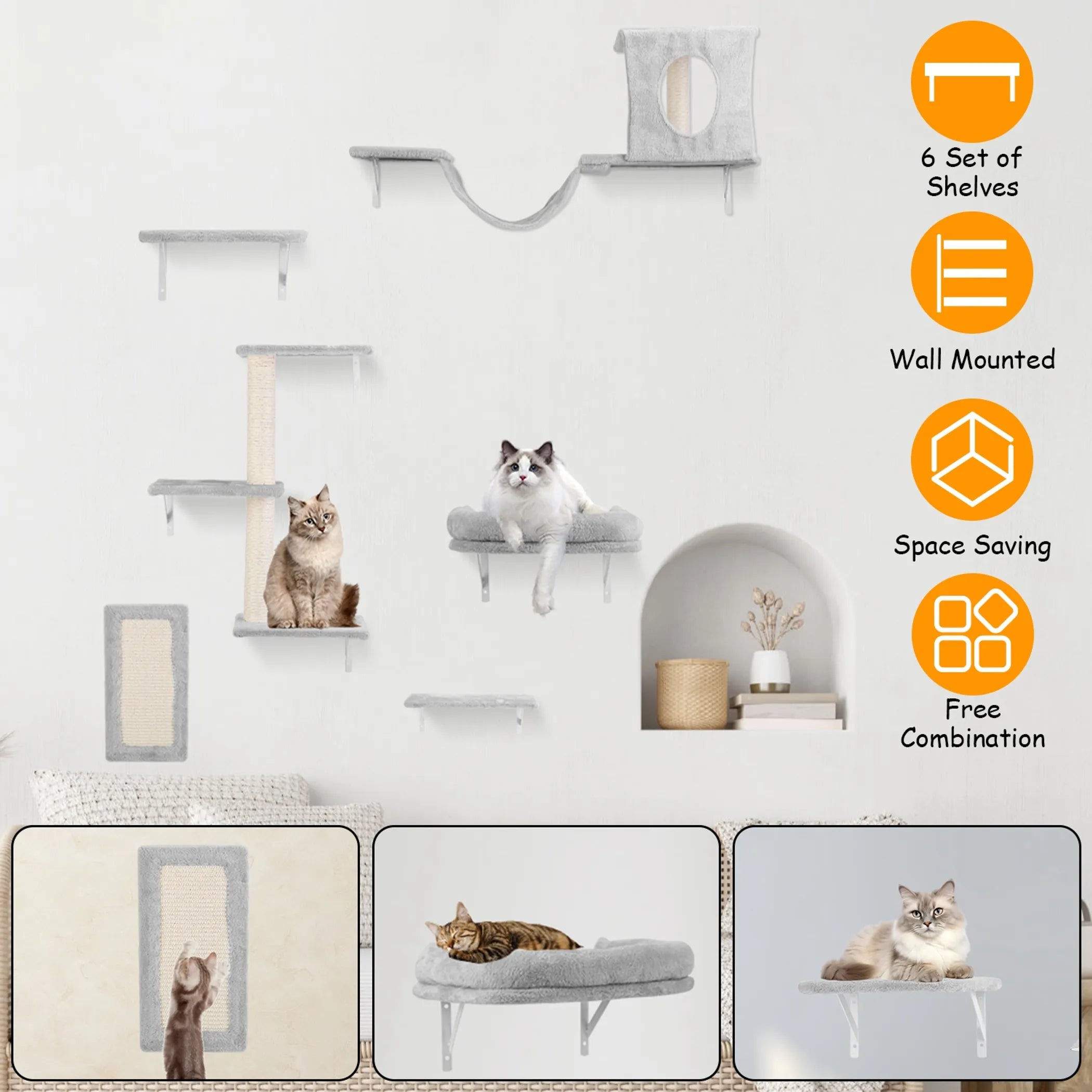 Six Linx Group cat wall shelves and perch furniture for indoor cats, mounted on a wall in a modern home setting.