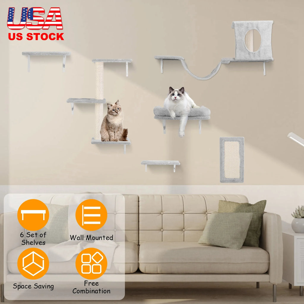 Six white wooden cat wall shelves and perch furniture from Linx Group for indoor cats, mounted on a wall in a home setting.