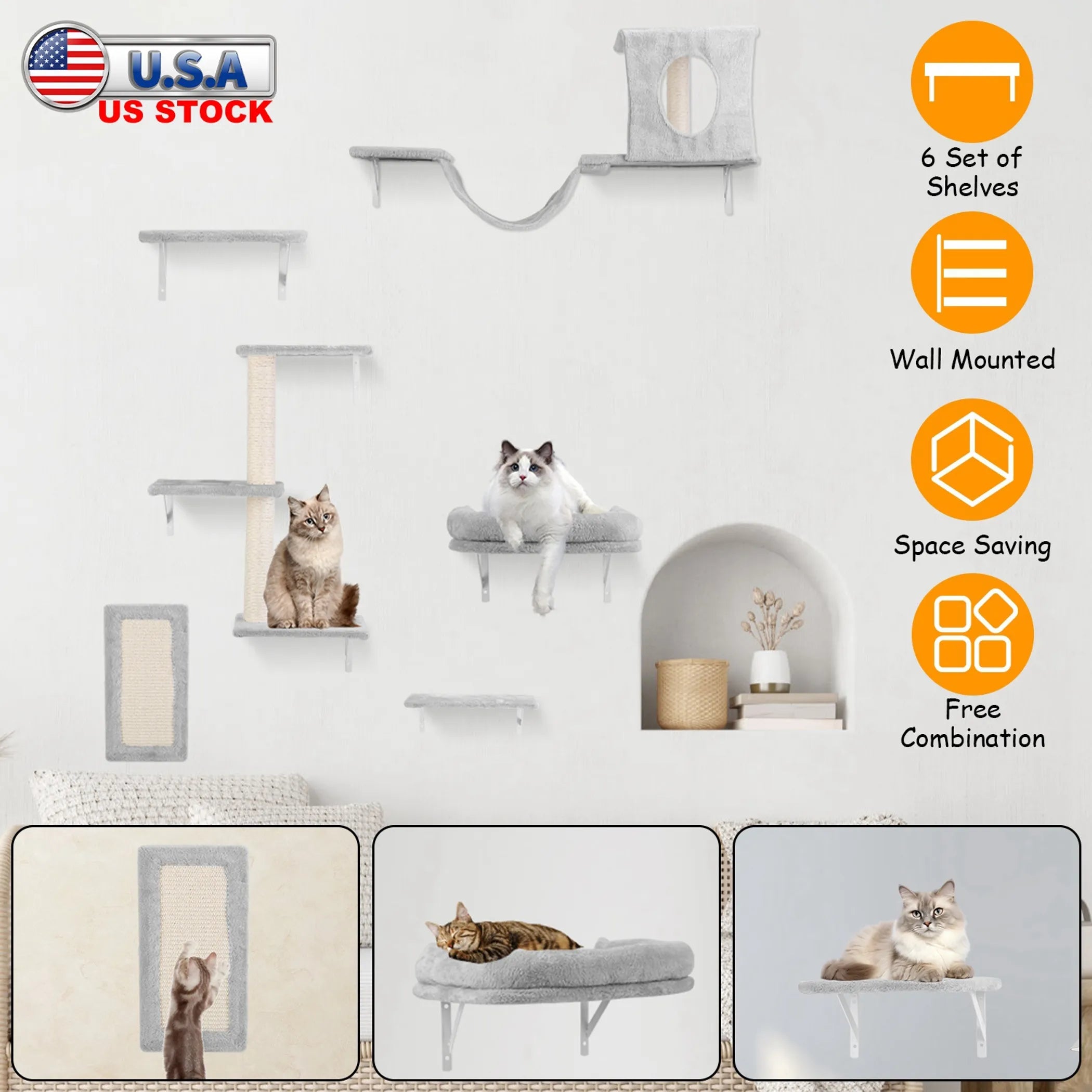 Six Linx Group cat wall shelves and perch furniture for indoor cats, mounted on a wall with cozy resting spots.