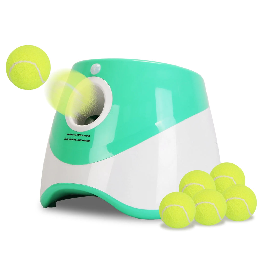 Green automatic dog ball launcher by Linx Group for interactive fetch play, featuring a compact design with a ball in the image.