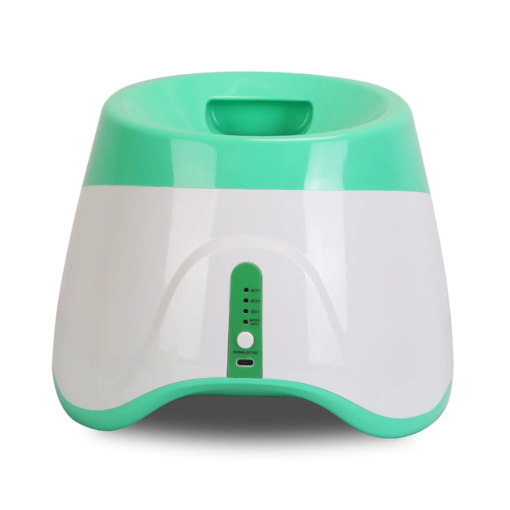 Green automatic dog ball launcher by Linx Group for interactive fetch play, featuring a compact design and easy-to-use operation.