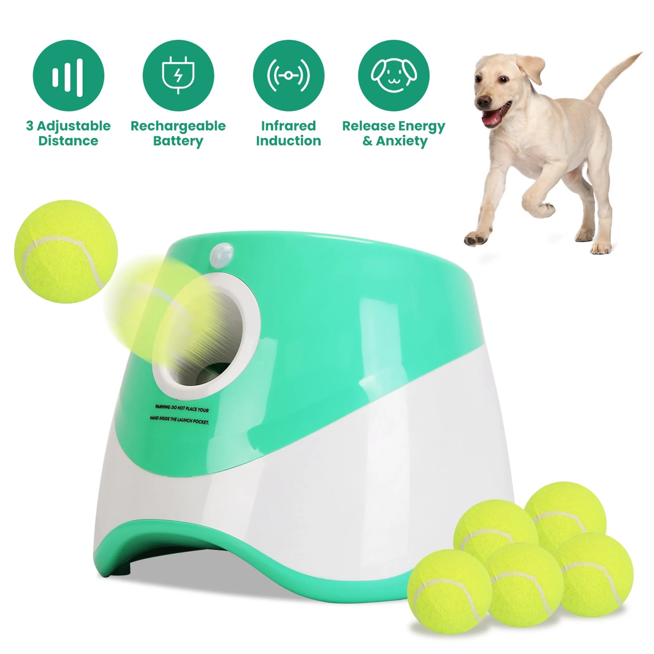 Linx Group automatic dog ball launcher in green for interactive fetch play, showing the device with a tennis ball ready to launch.