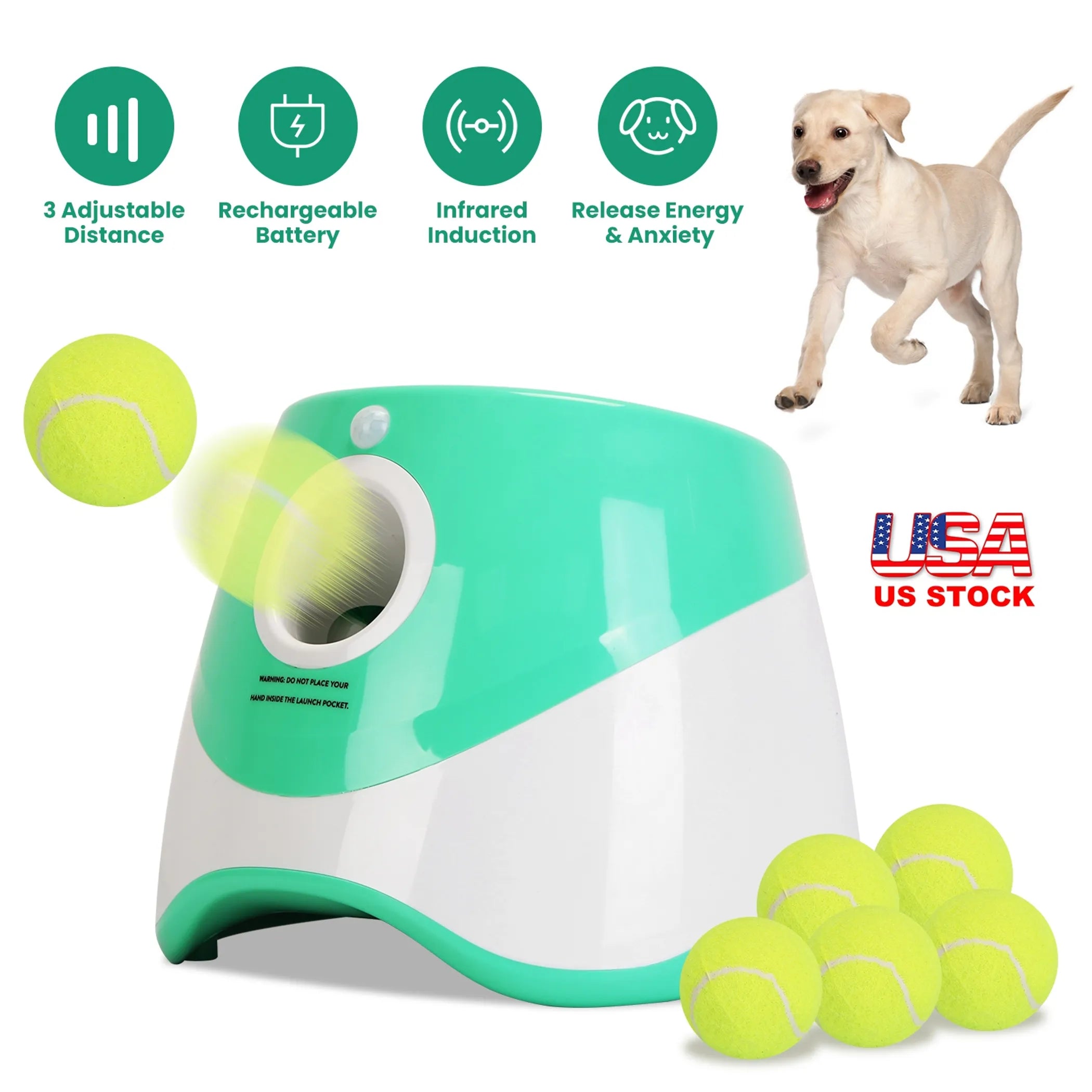 Green automatic dog ball launcher by Linx Group for interactive fetch play, featuring a compact design and easy-to-use controls.