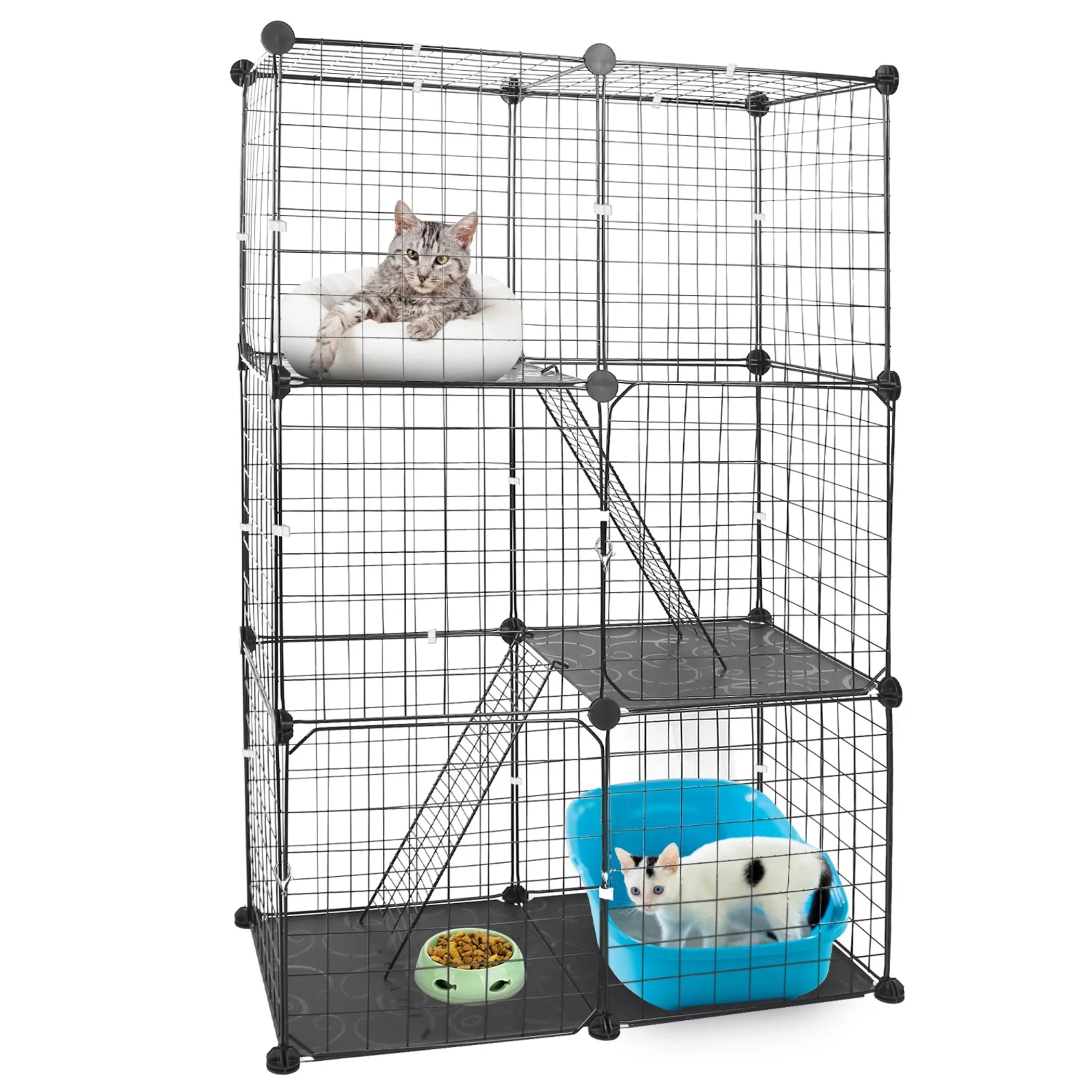 Linx Group 3-tier metal indoor cat playpen cage with multiple levels and secure doors for safe feline play and grooming.