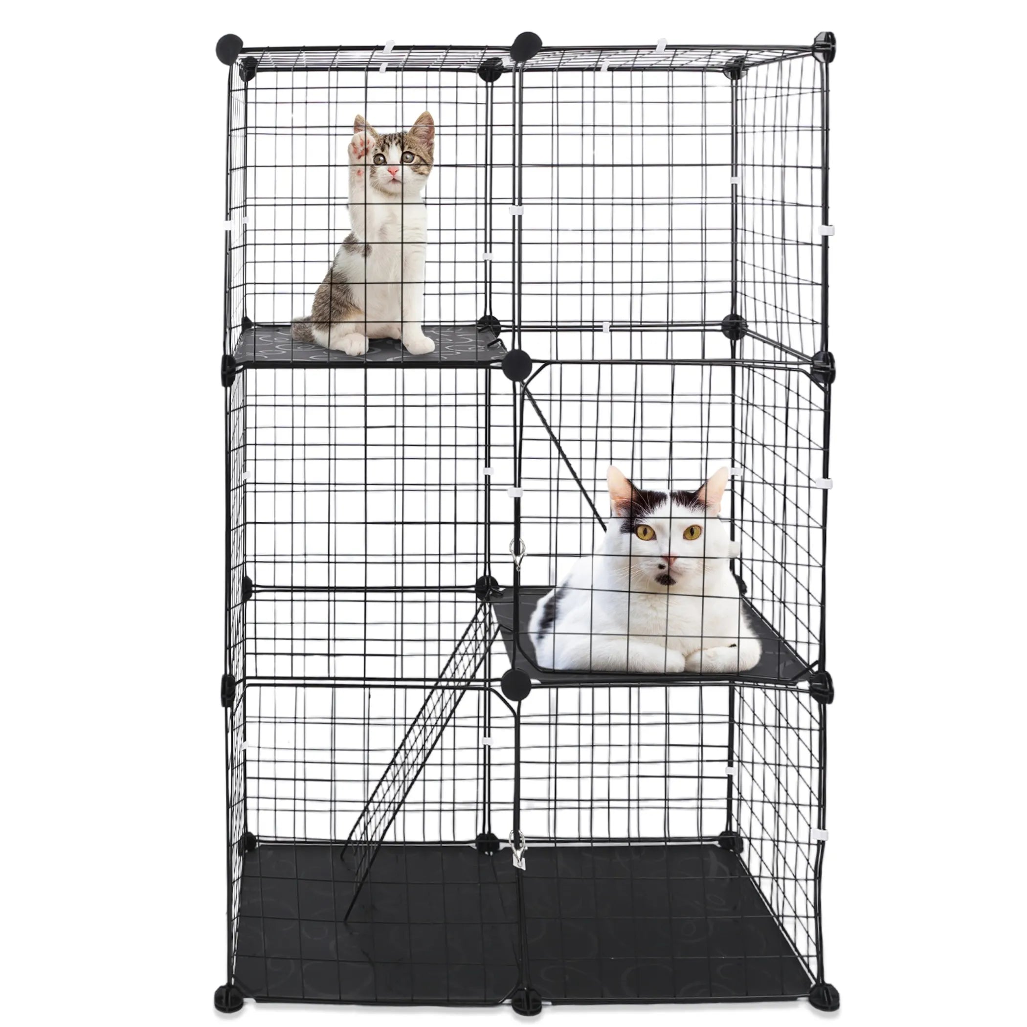 Linx Group 3-tier metal indoor cat playpen cage with multiple levels for cats to climb and play inside.