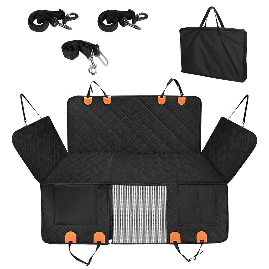 Linx Group dog car seat cover for back seat protection, waterproof travel cover with adjustable straps, in grey fabric.